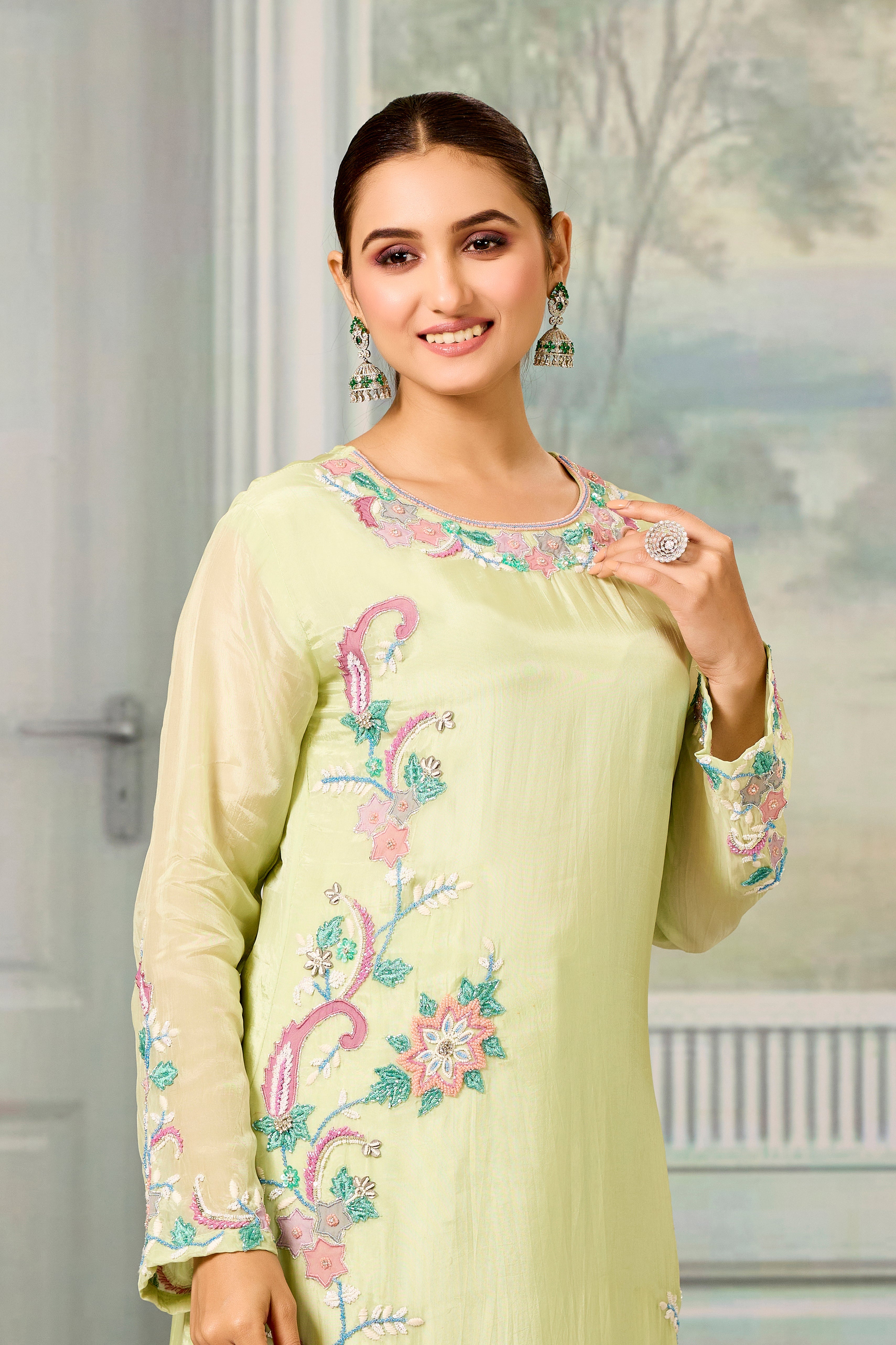 Green Handwork Glass Organza Silk Palazzo Set