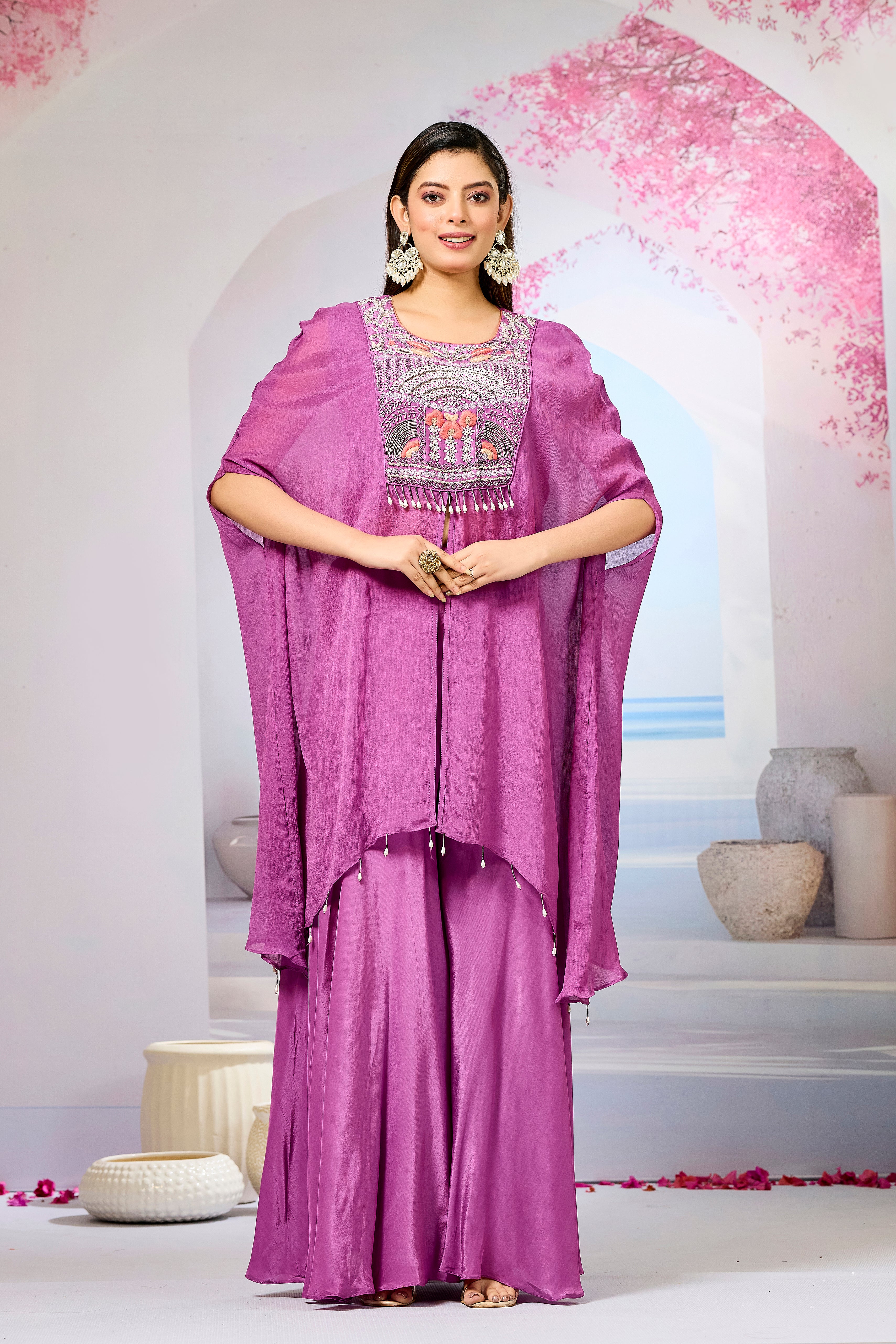 Pink Embellished Chinon Silk Palazzo Set