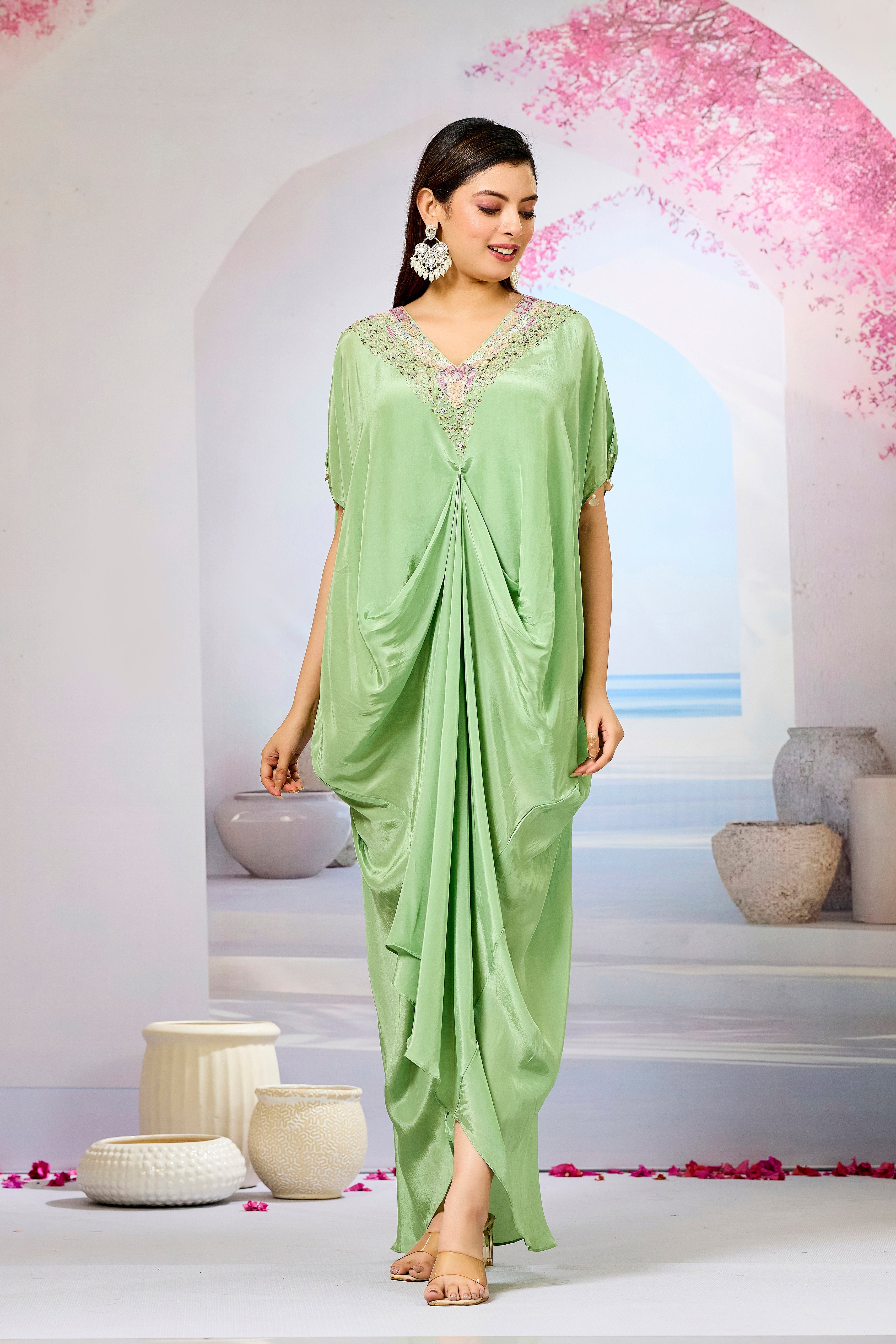 Green Embellished Crepe Silk Cowl Gown