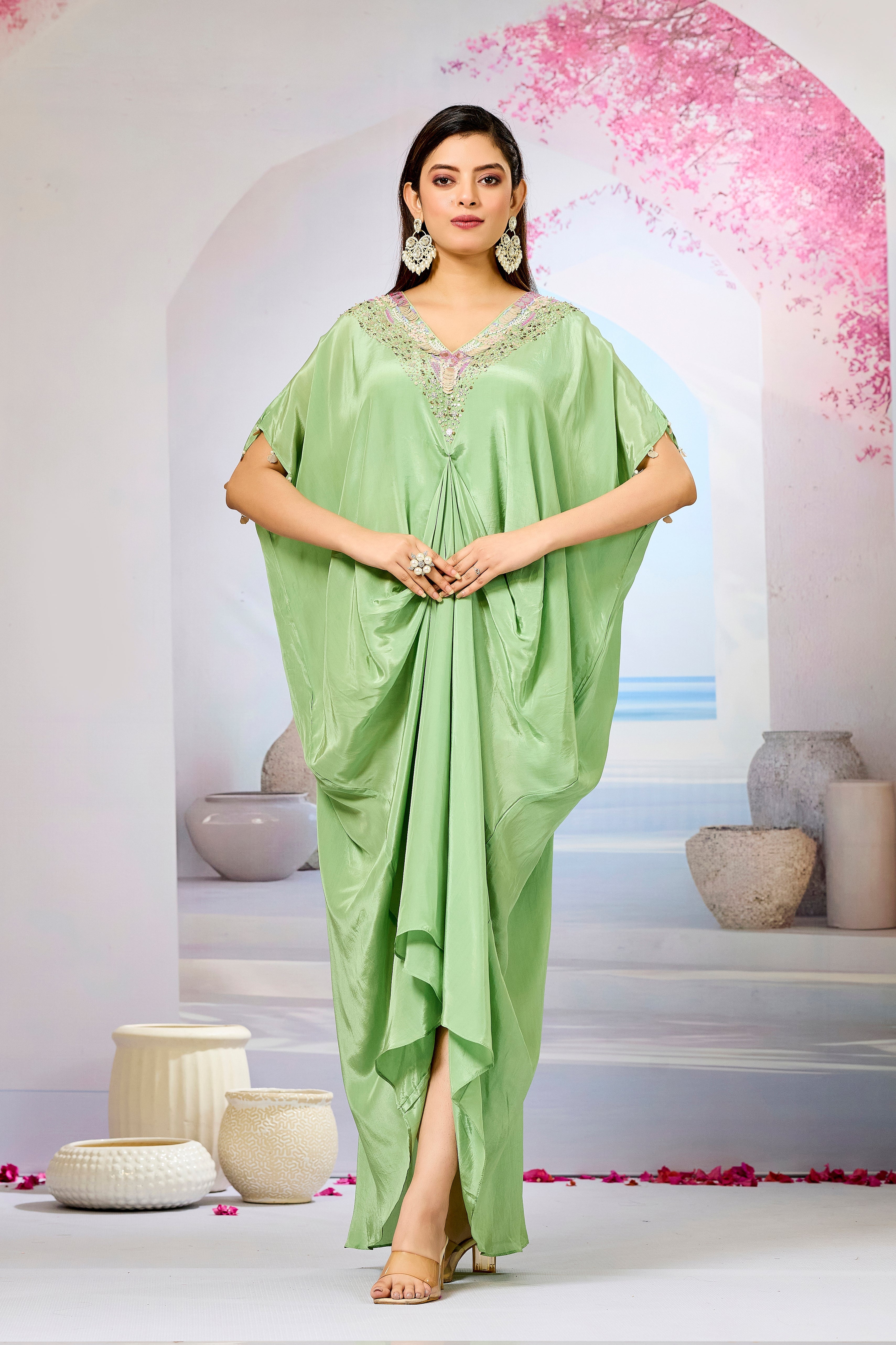 Green Embellished Crepe Silk Cowl Gown