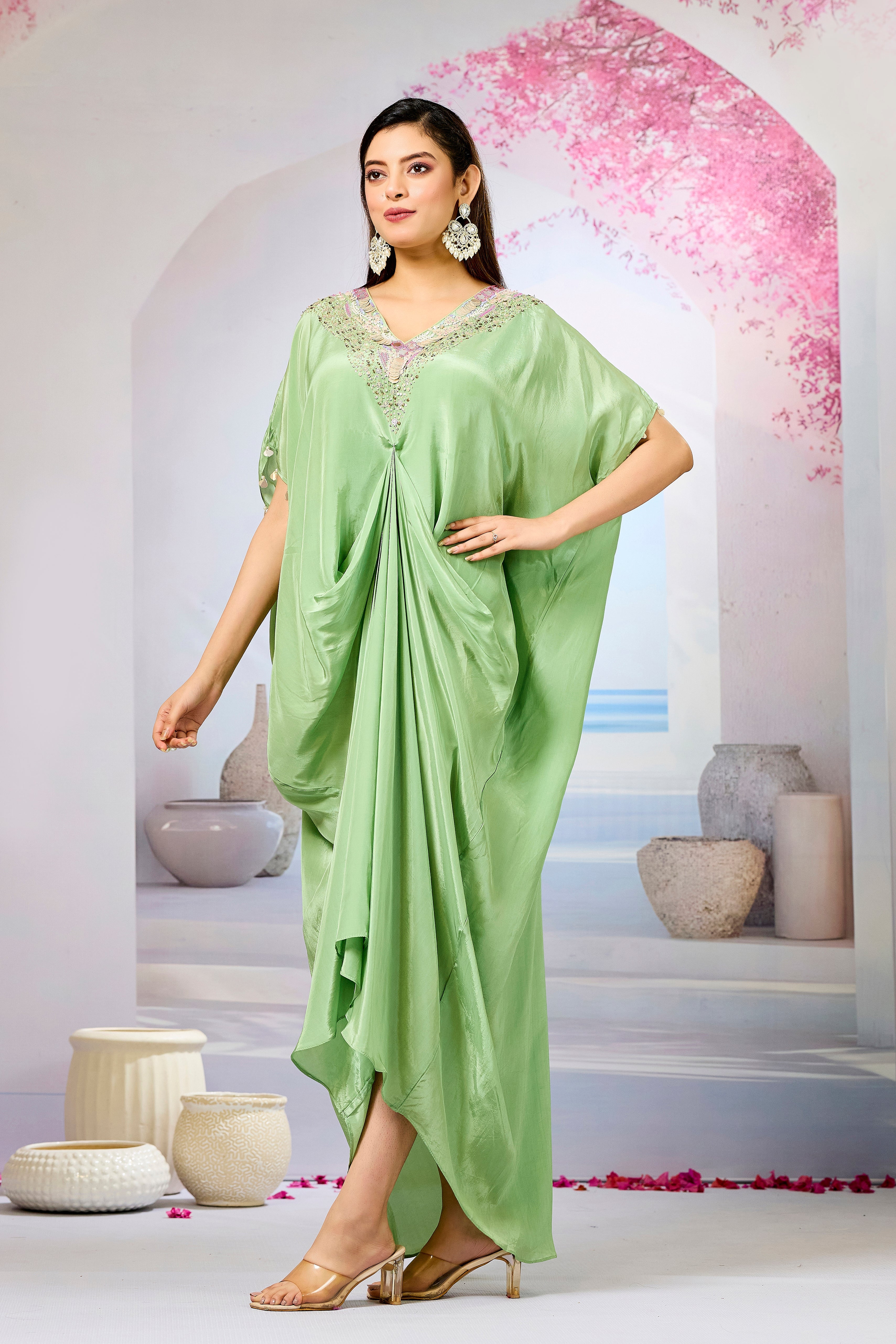 Green Embellished Crepe Silk Cowl Gown