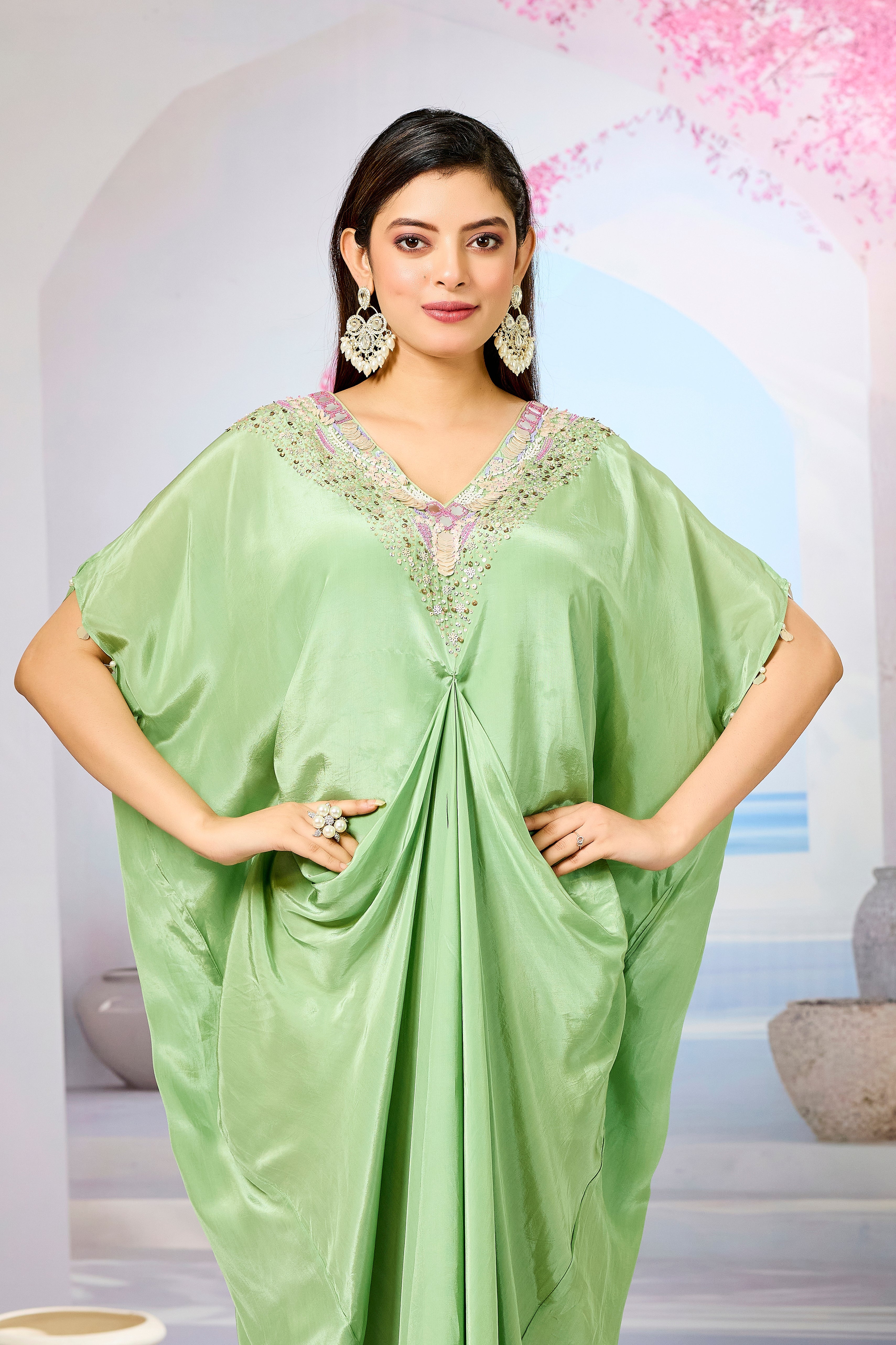 Green Embellished Crepe Silk Cowl Gown