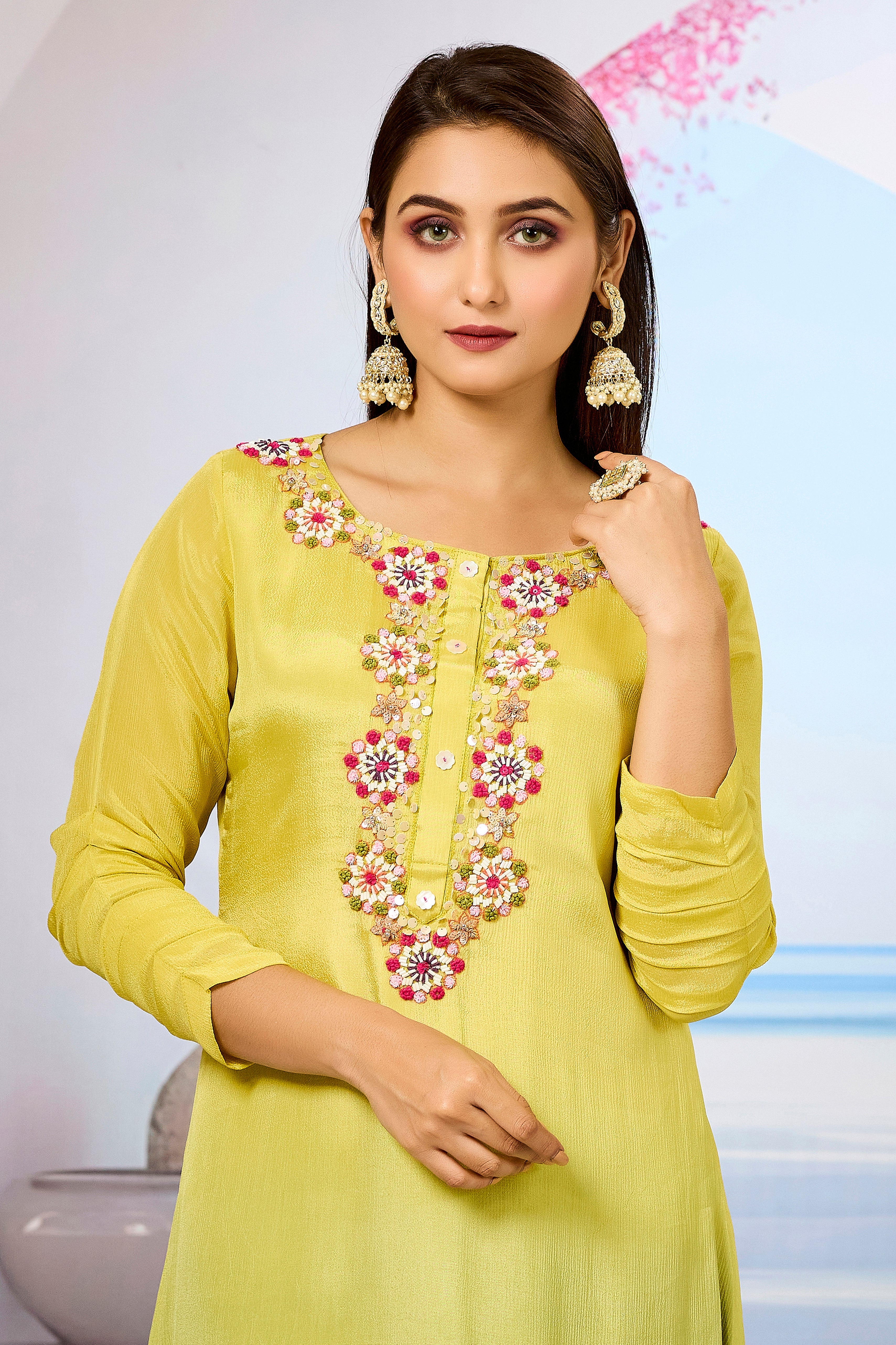 Yellow Ombre-Dyed Chinon Silk Palazzo Set