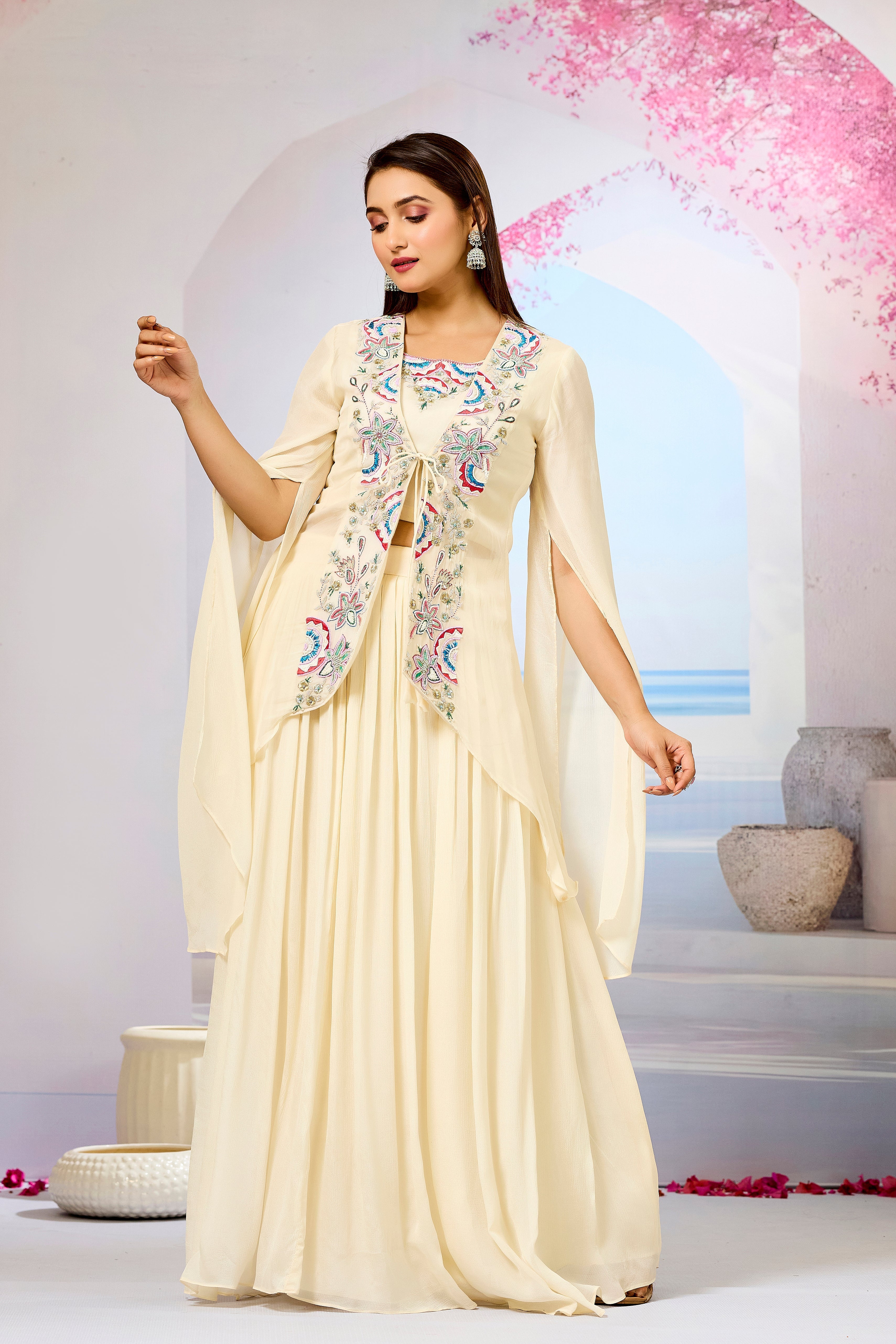 Cream Embellished Organza Silk Cape Set