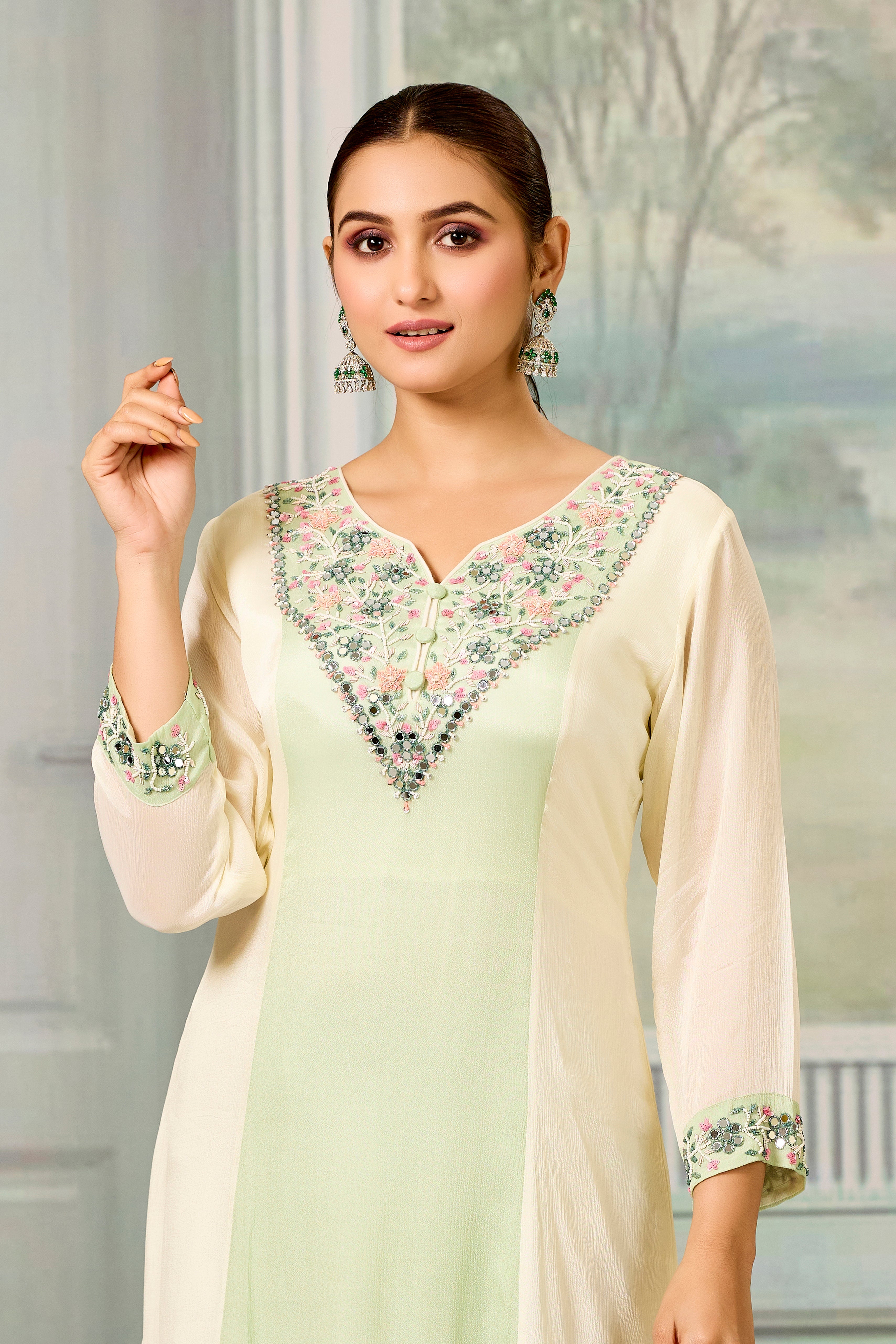 Cream Green Handwork Chinon Silk Palazzo Set