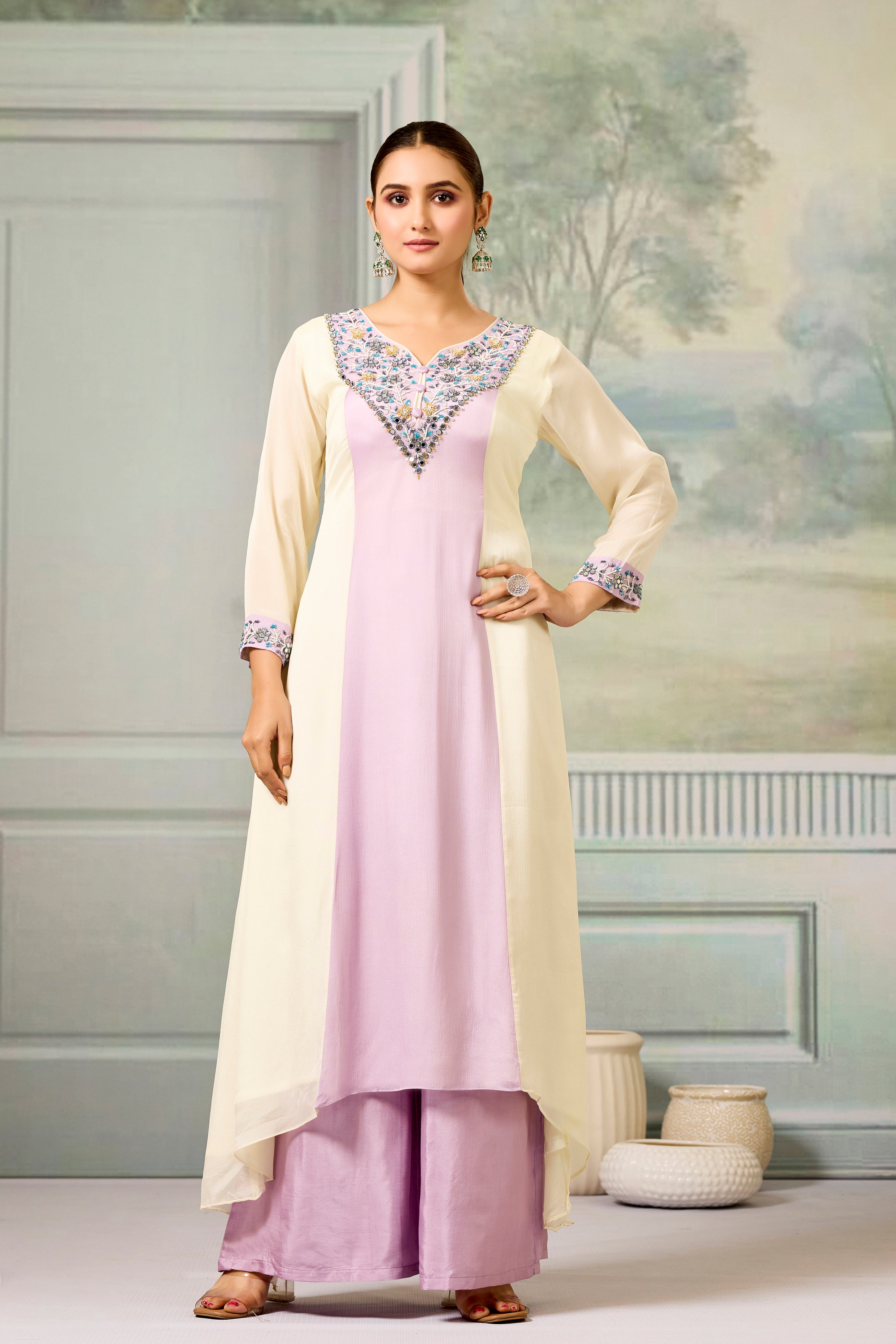 Cream Lavender Handwork Chinon Silk Palazzo Set