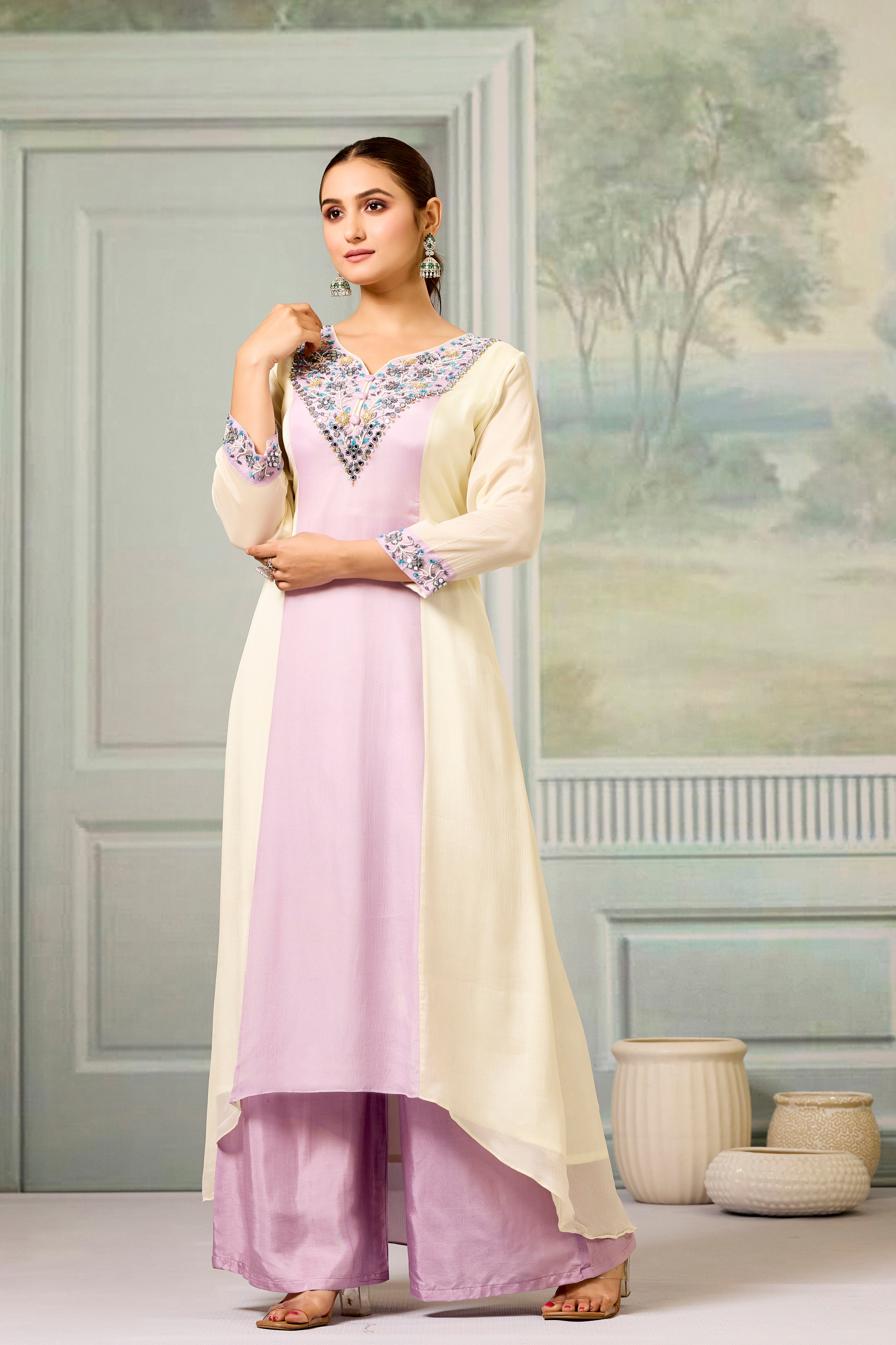 Cream Lavender Handwork Chinon Silk Palazzo Set