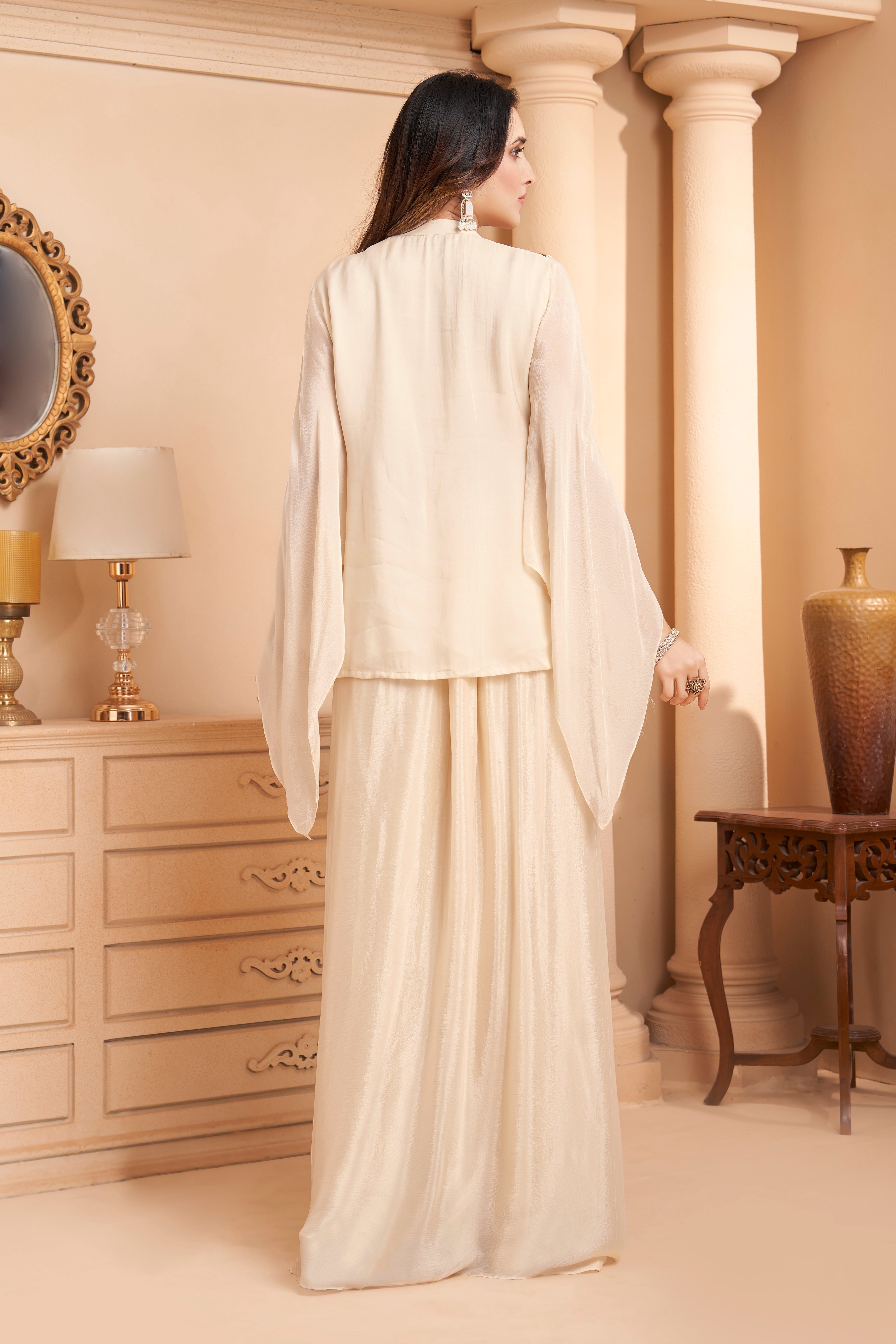 Ivory White Embellished Chinon Silk Skirt Set