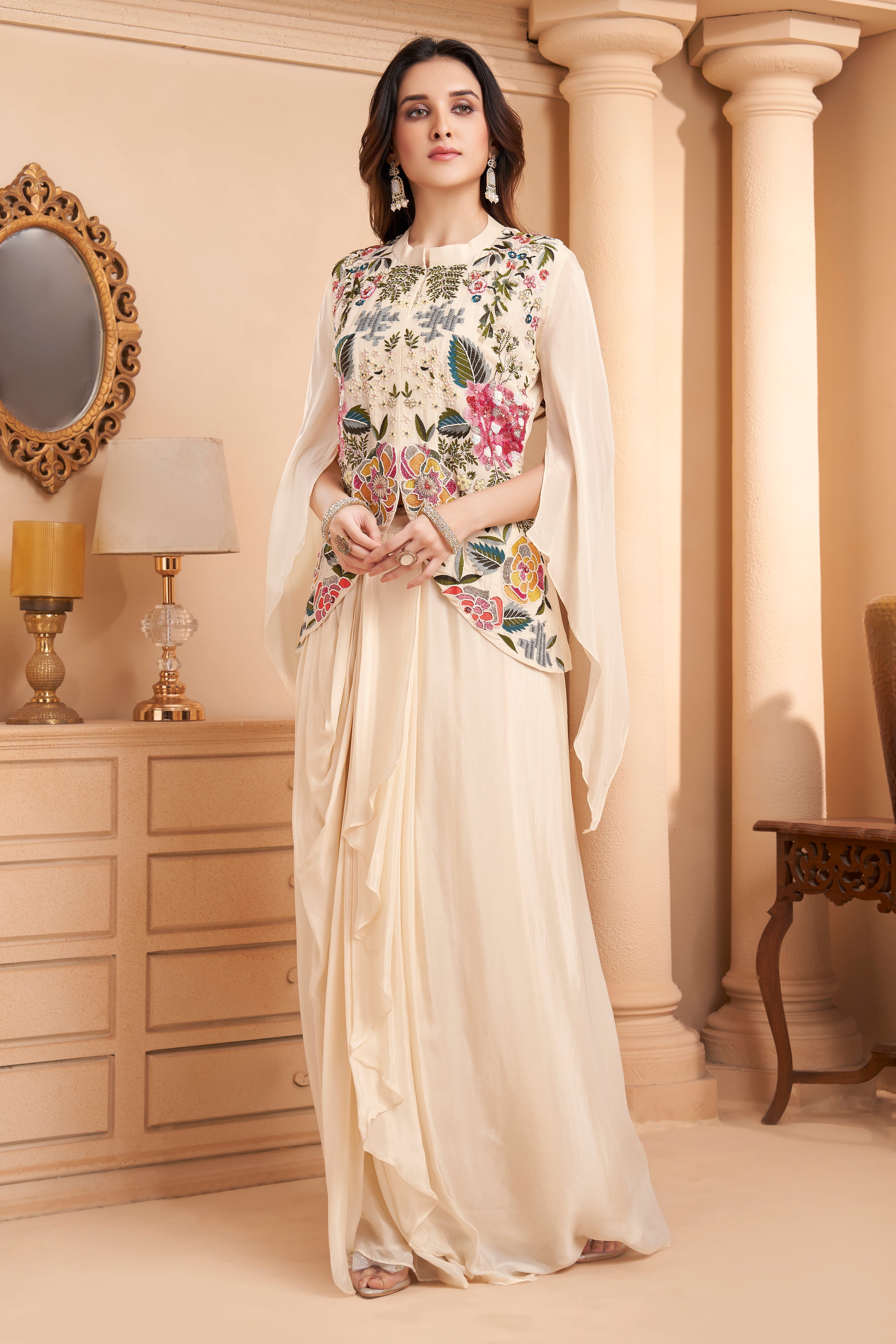 Ivory White Embellished Chinon Silk Skirt Set