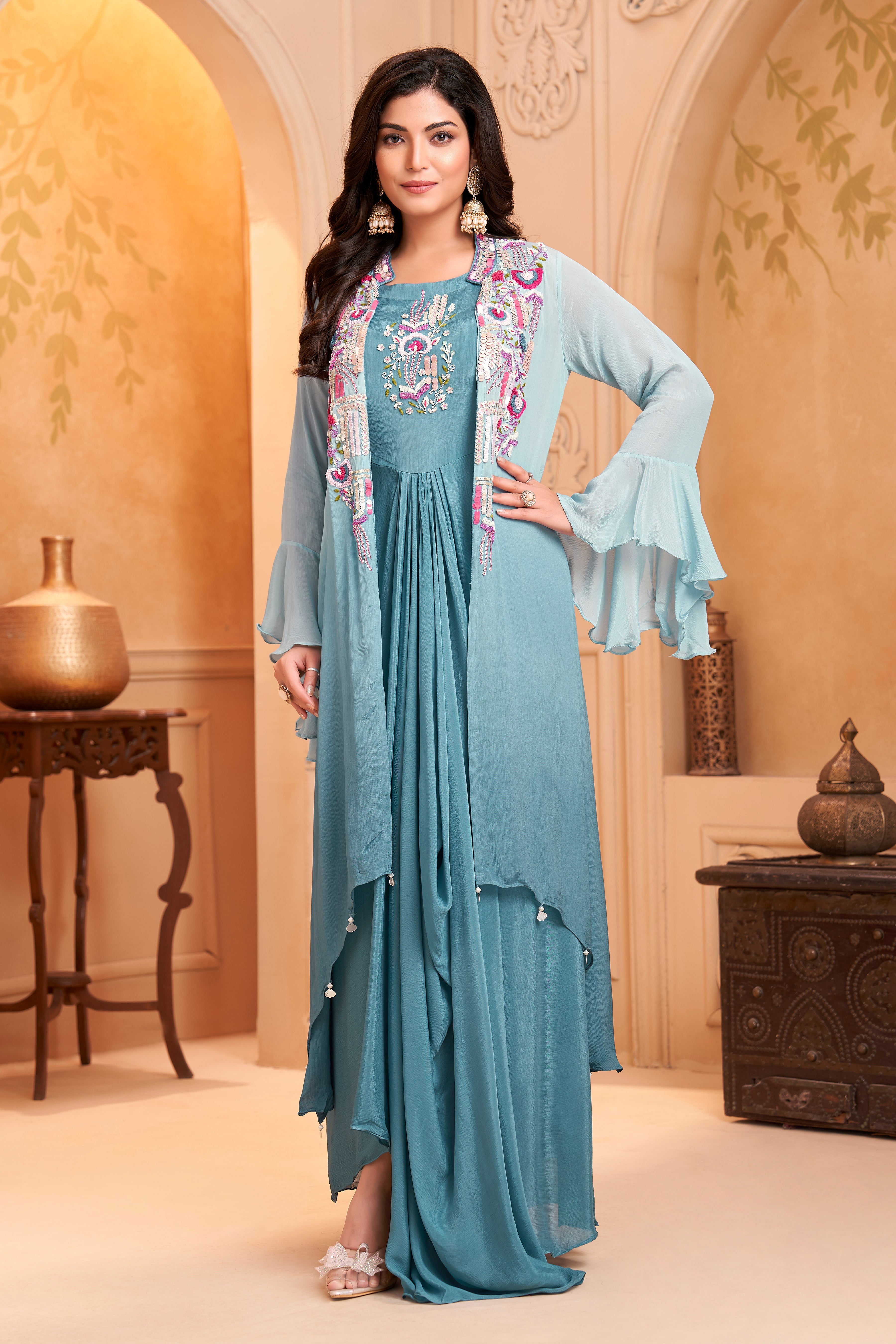 Dusty Blue Ombre Embellished Chinon Silk Dress