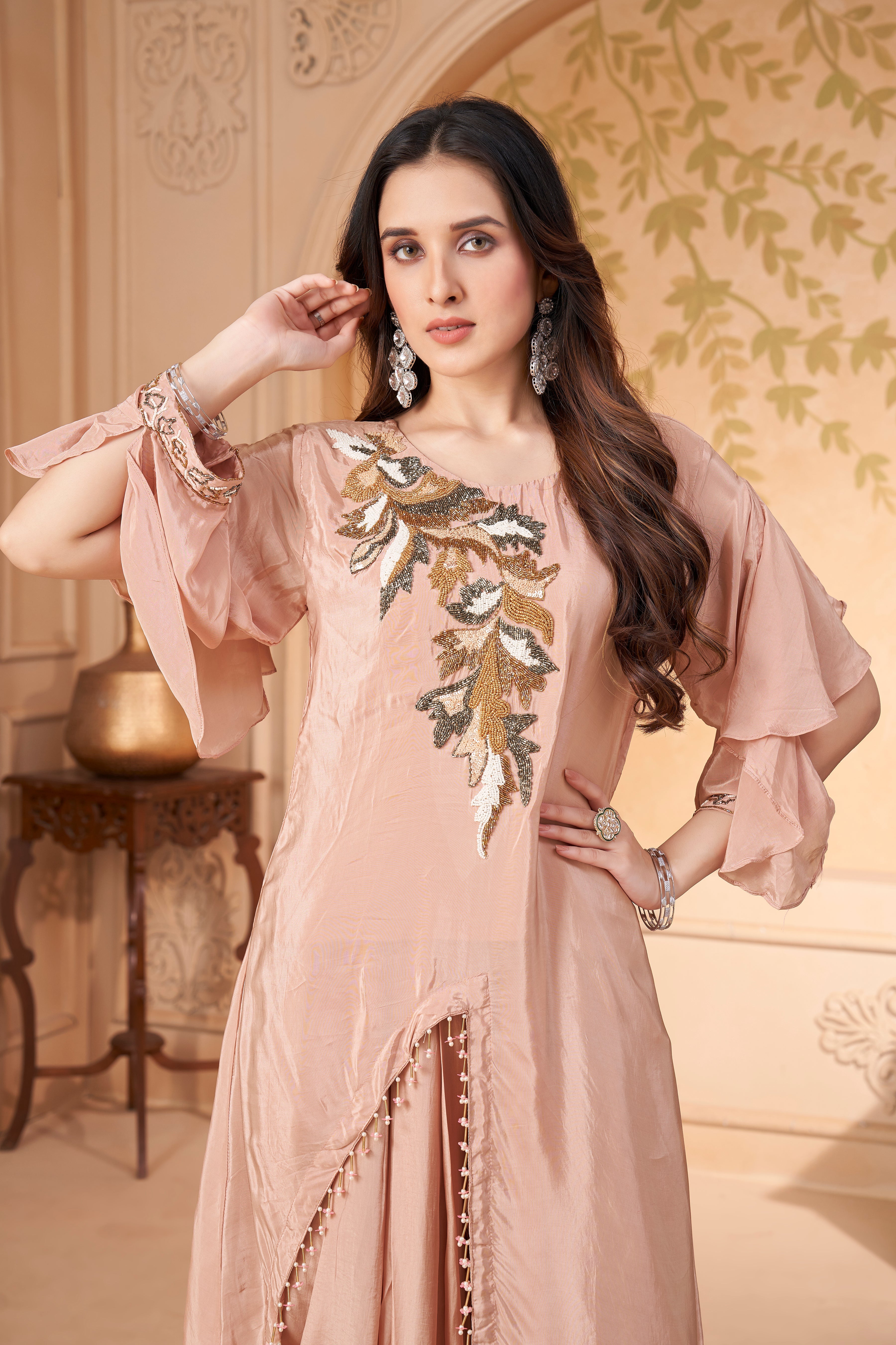 Nude Pink Embellished Crepe Silk Dhoti Set