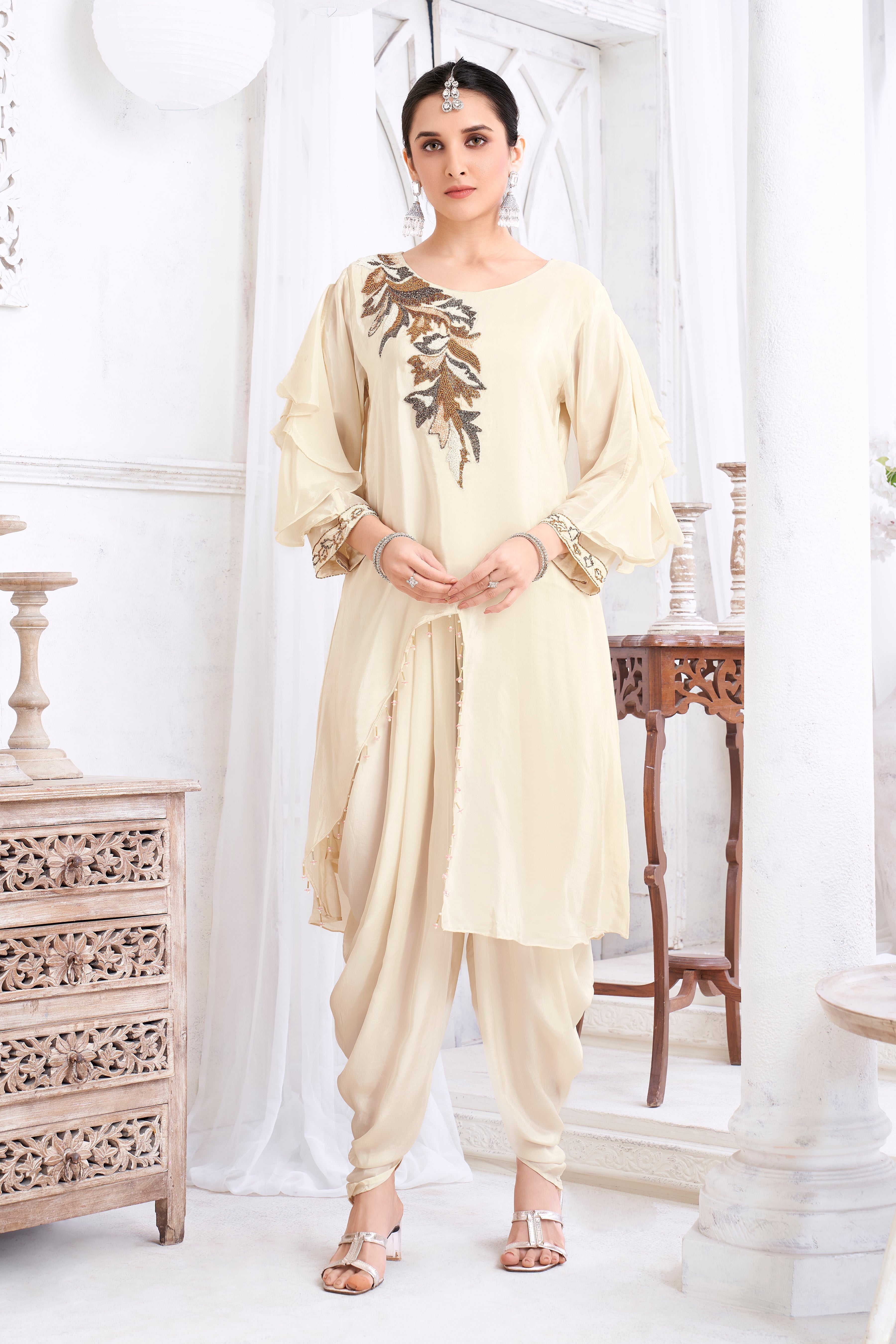 Off-White Embellished Crepe Silk Dhoti Set