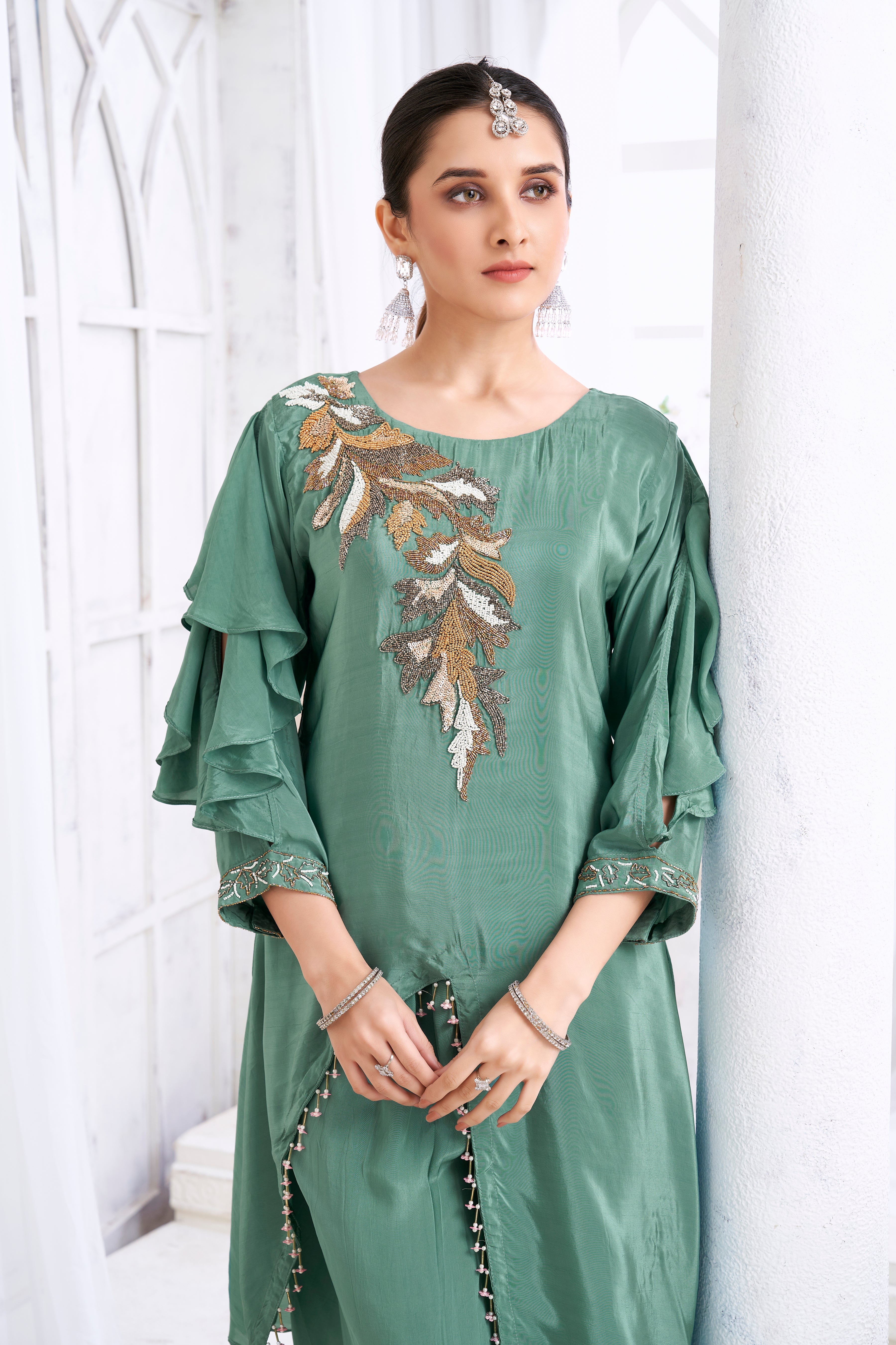Sage Green Embellished Crepe Silk Dhoti Set