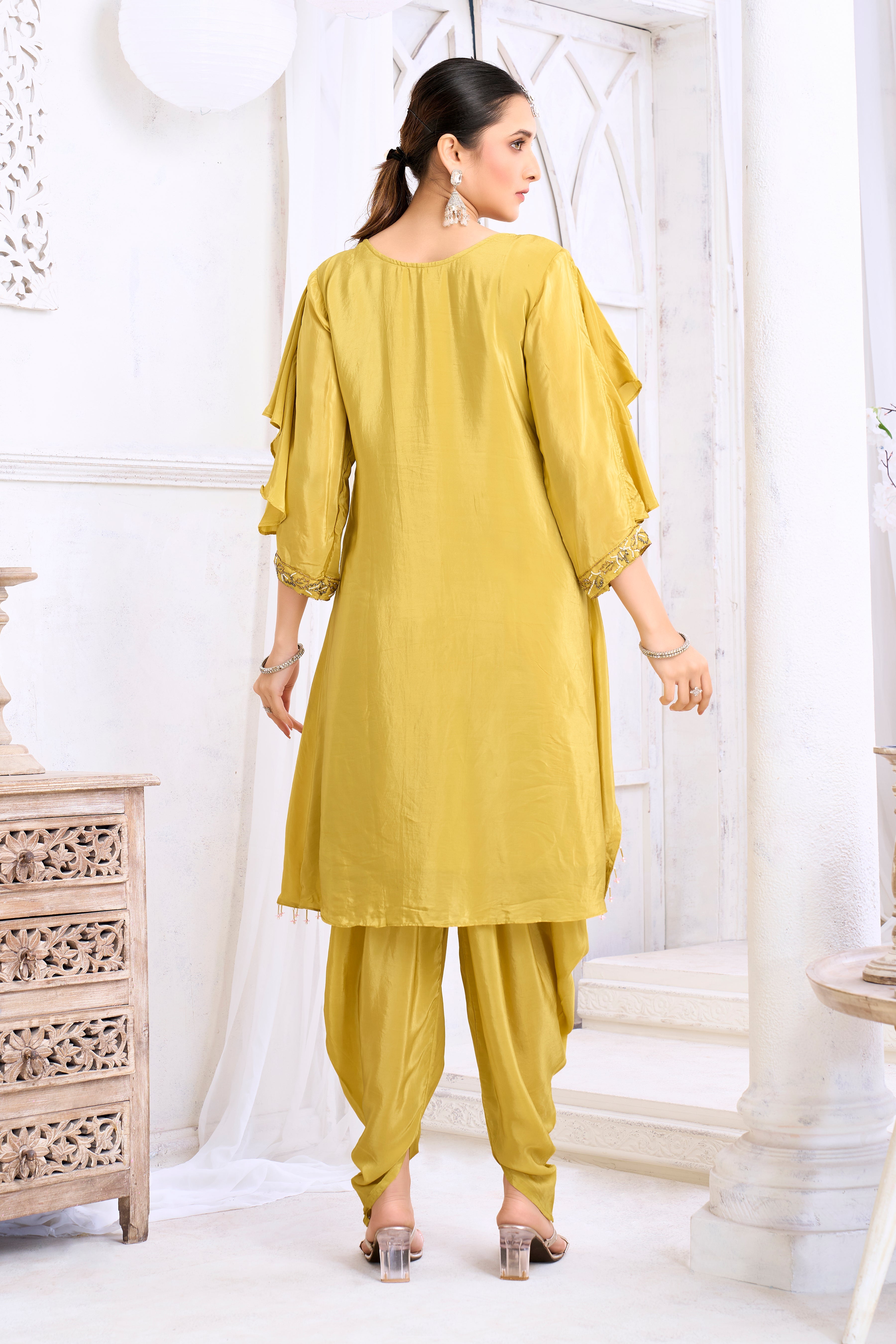 Ochre Yellow Embellished Crepe Silk Dhoti Set