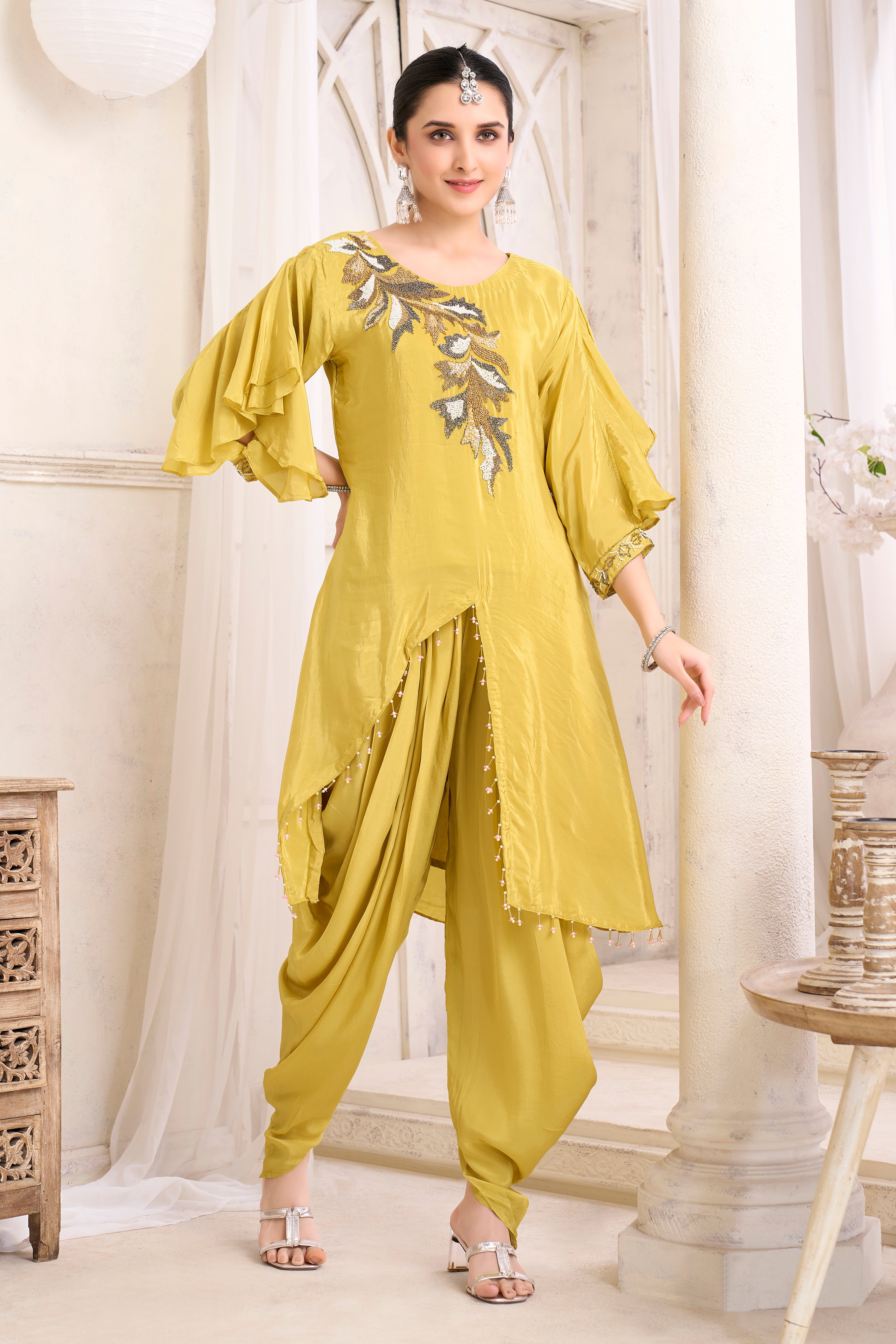 Ochre Yellow Embellished Crepe Silk Dhoti Set