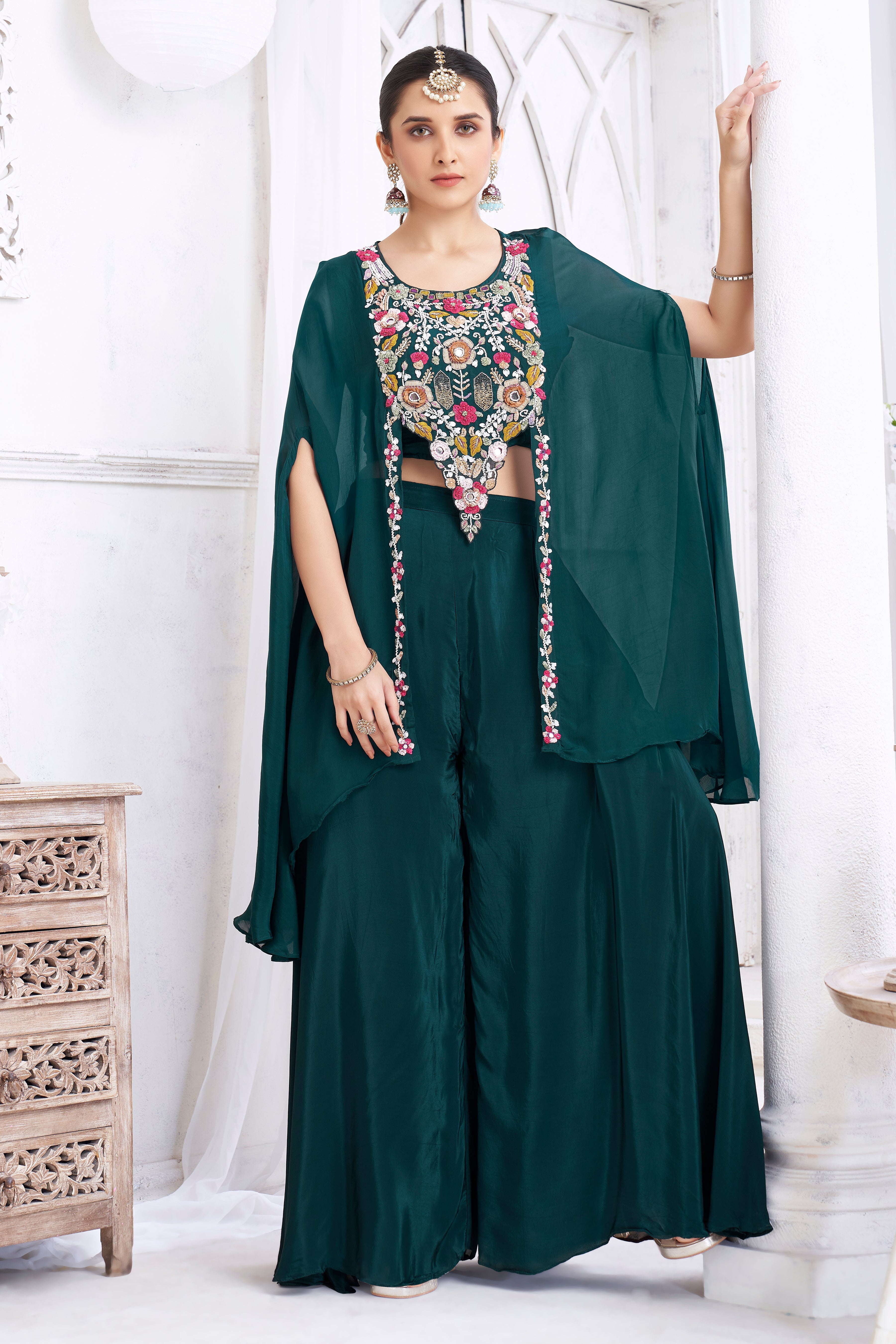 Deep Teal Embellished Crepe Silk Palazzo Set