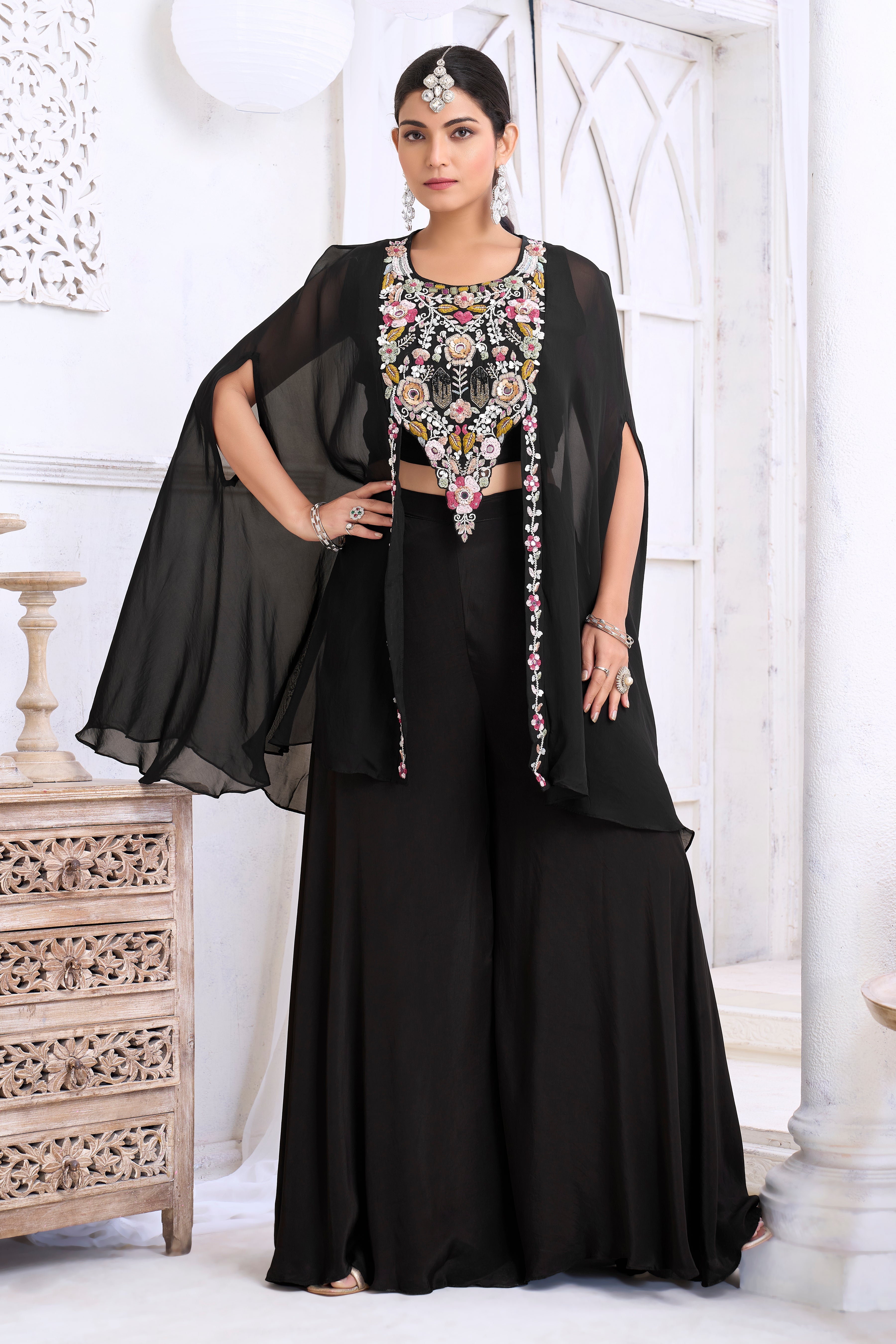 Classic Black Embellished Crepe Silk Palazzo Set