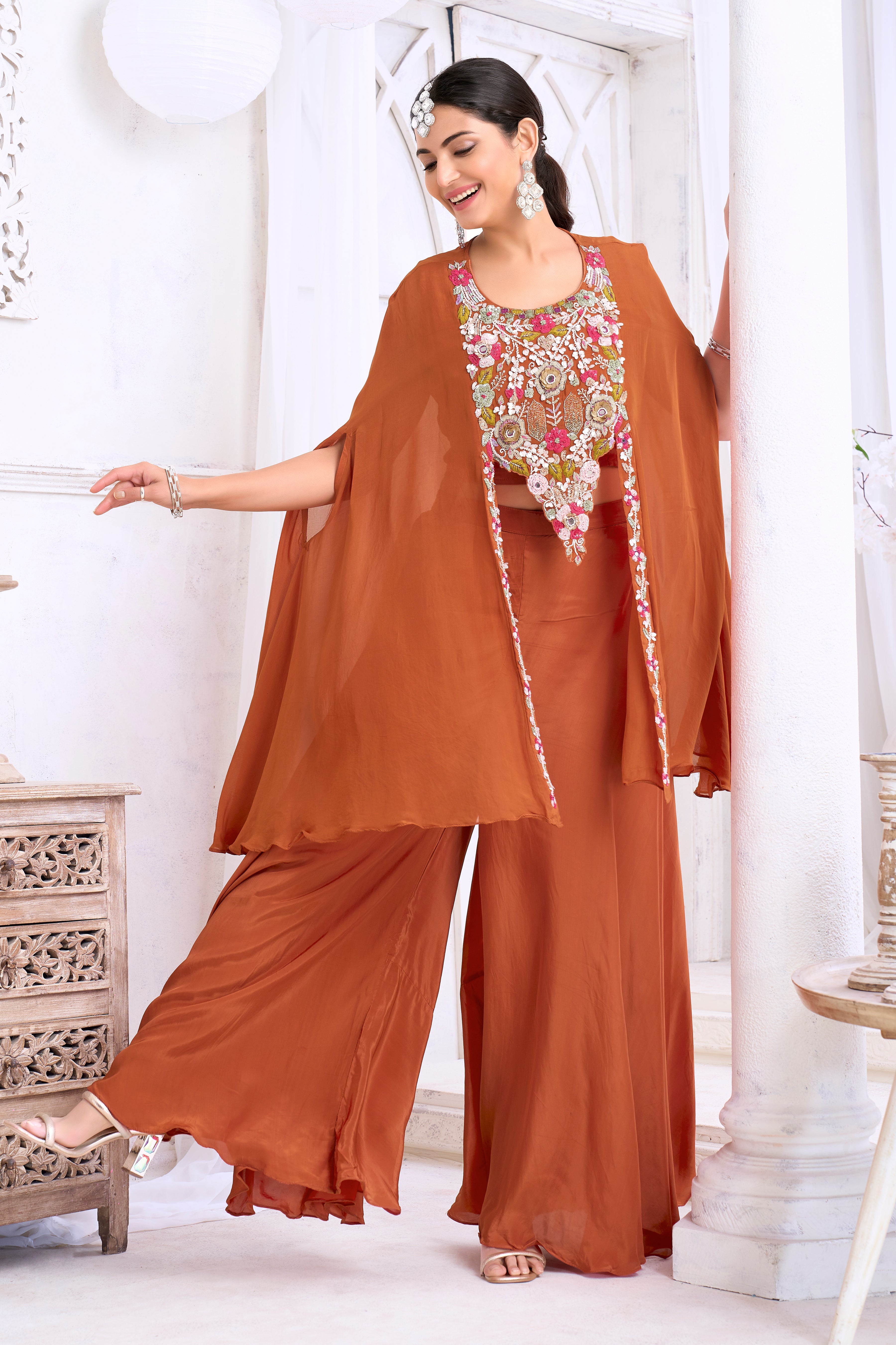 Terracotta Orange Embellished Crepe Silk Palazzo Set