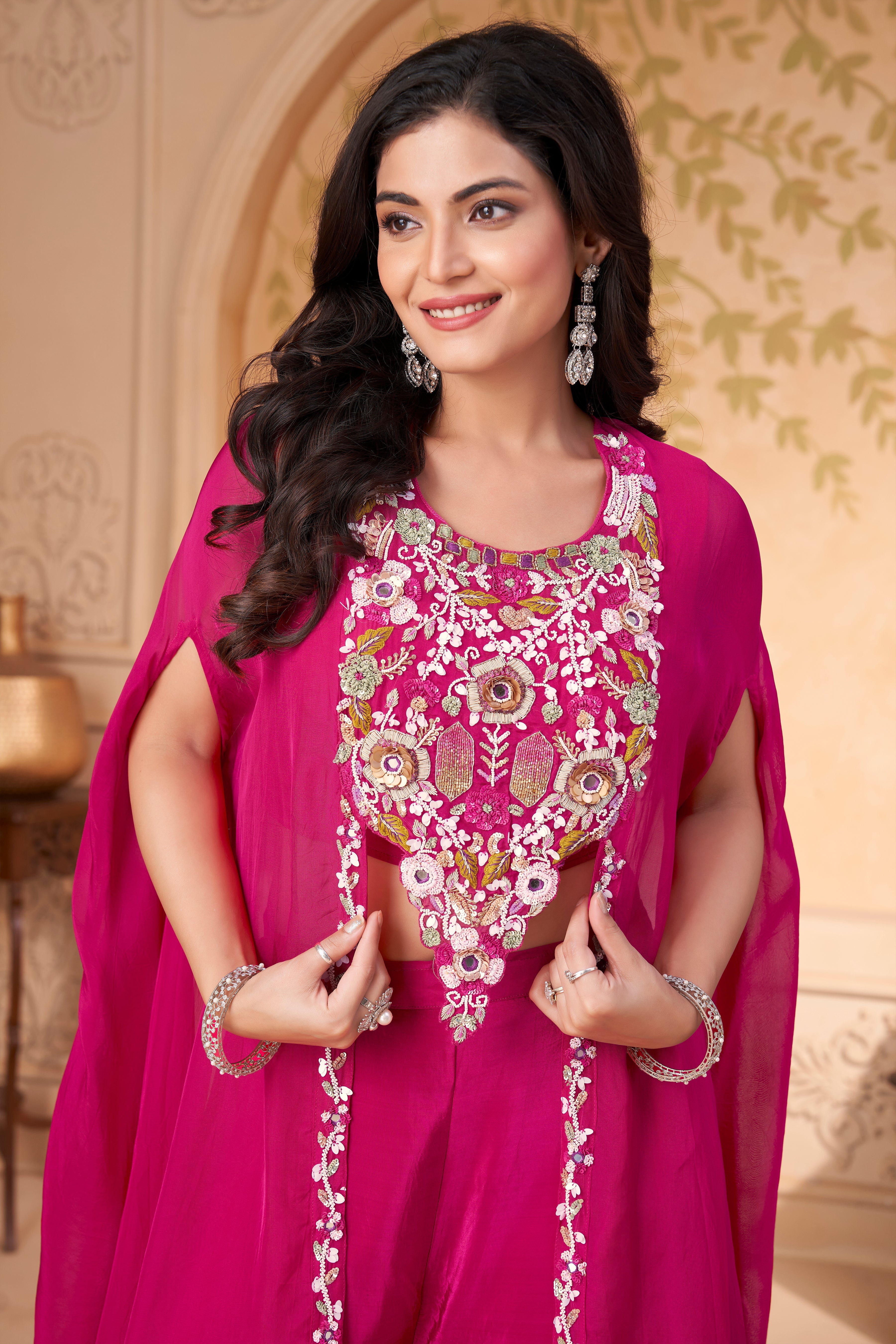 Fuchsia Pink Embellished Crepe Silk Palazzo Set