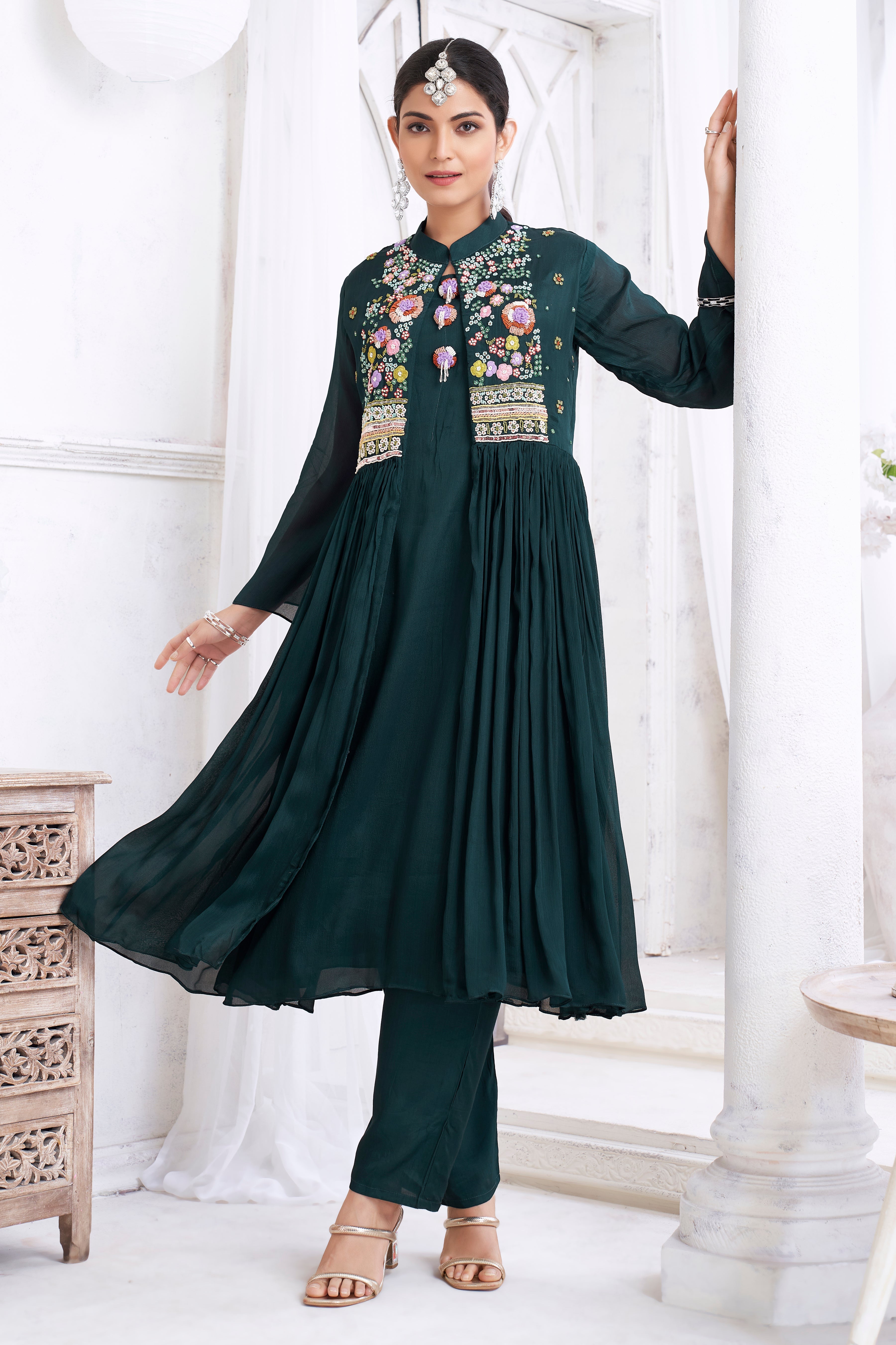 Forest Green Embellished Chinon Silk Kurta Set