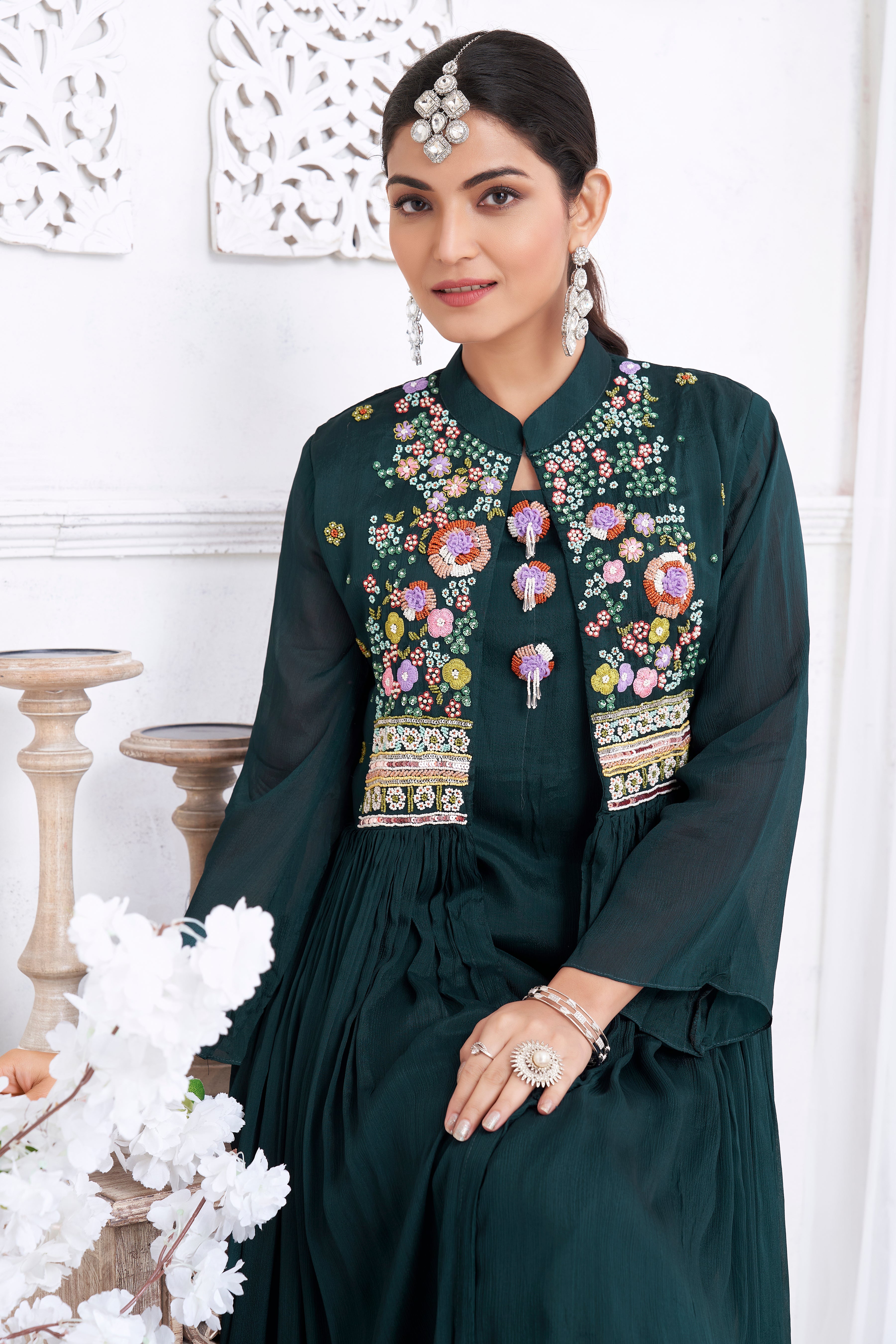 Forest Green Embellished Chinon Silk Kurta Set
