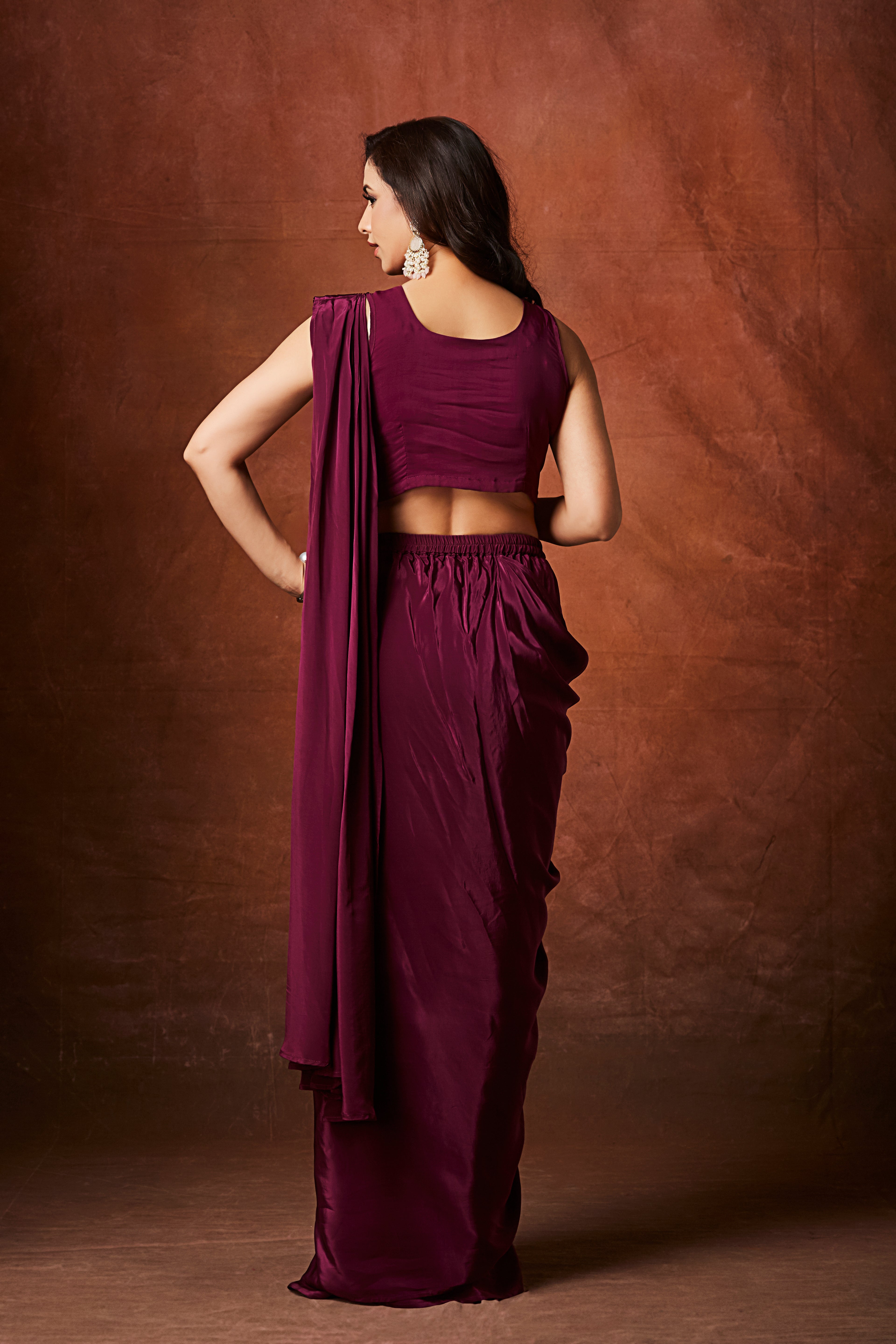Wine Purple Embellished  Crepe Silk Drape Saree