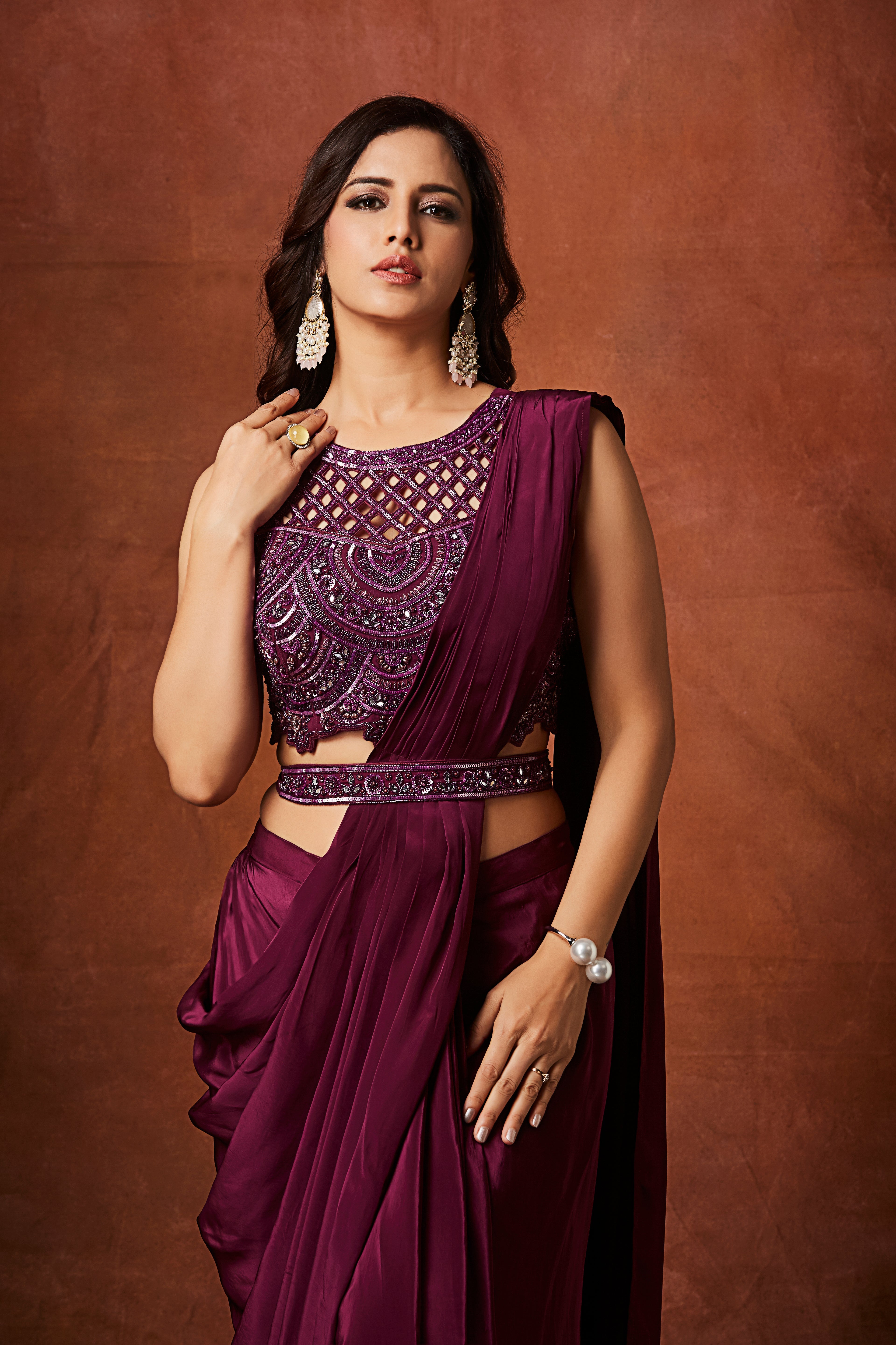 Wine Purple Embellished  Crepe Silk Drape Saree