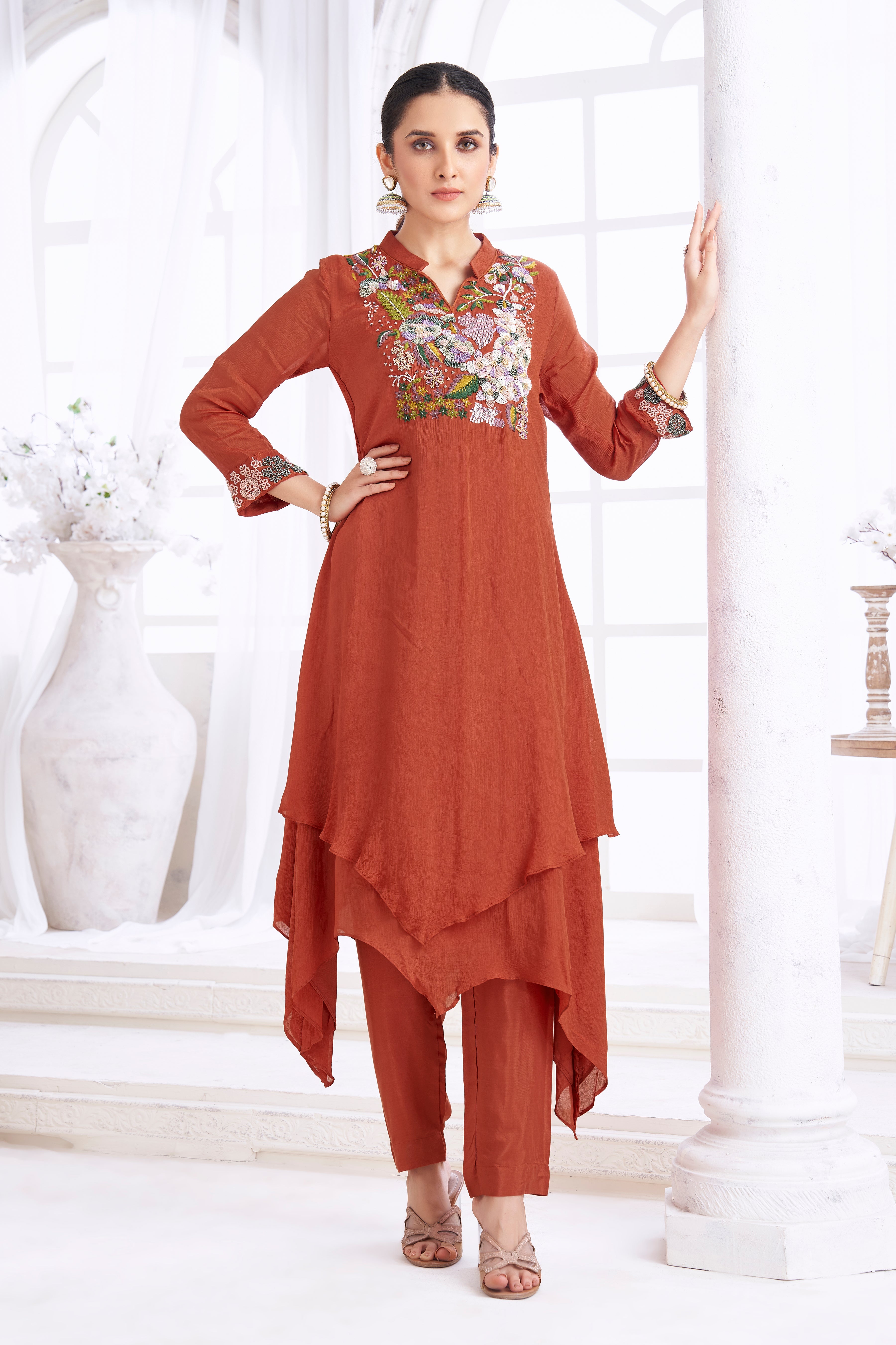 Reddish-Brown Embellished Chinon Silk Kurta Set
