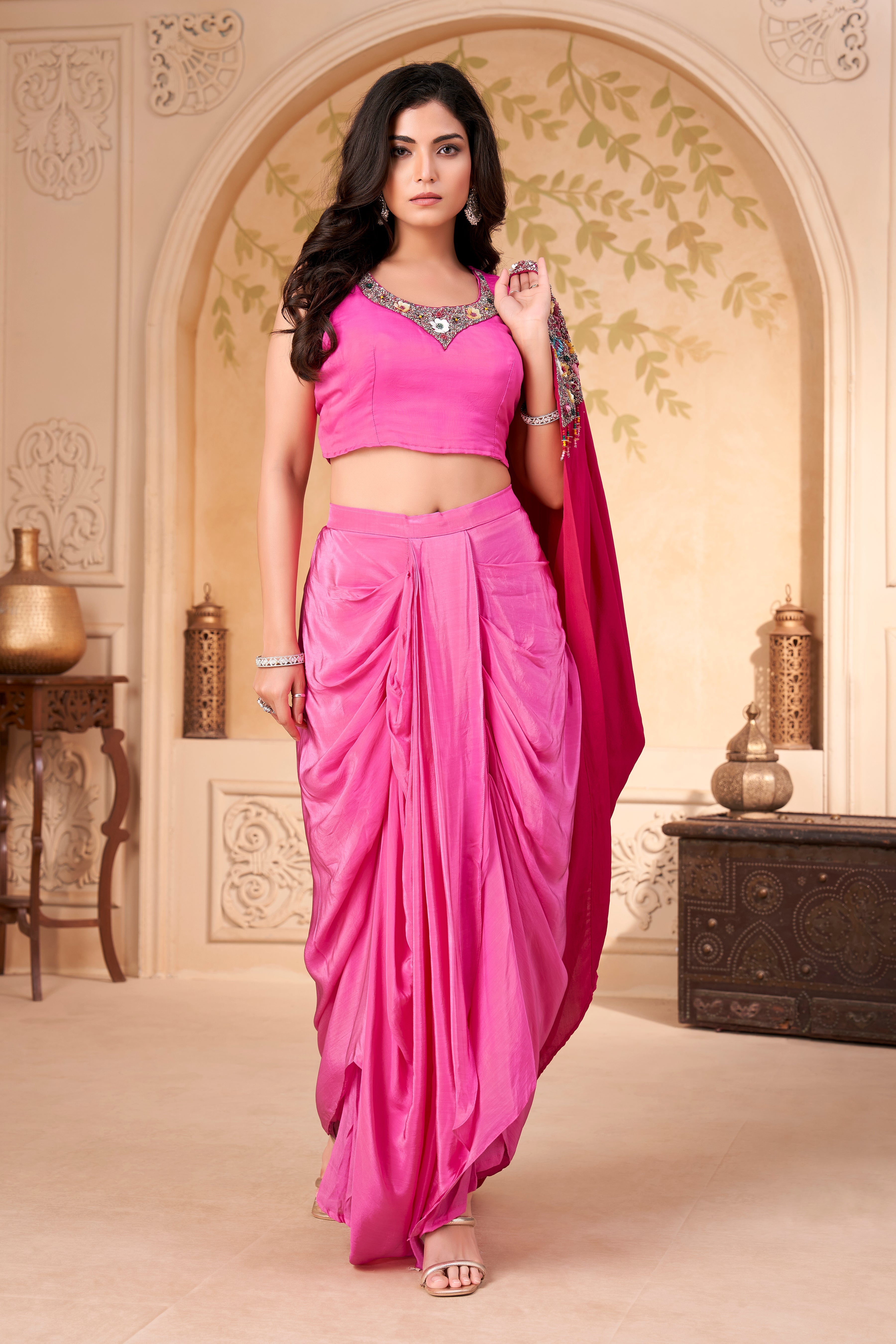 Hot Pink Embellished Crepe Silk Skirt Set