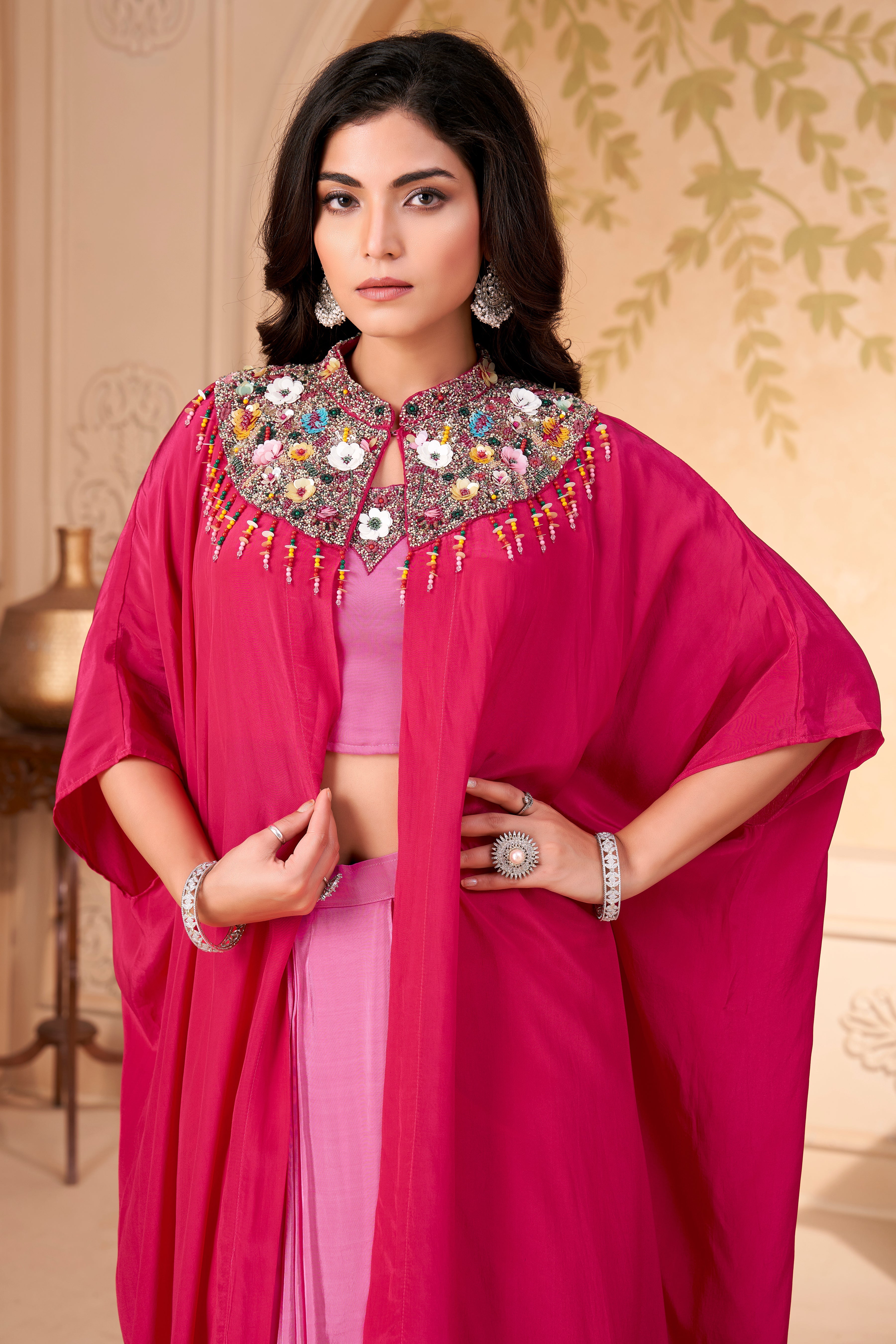 Hot Pink Embellished Crepe Silk Skirt Set