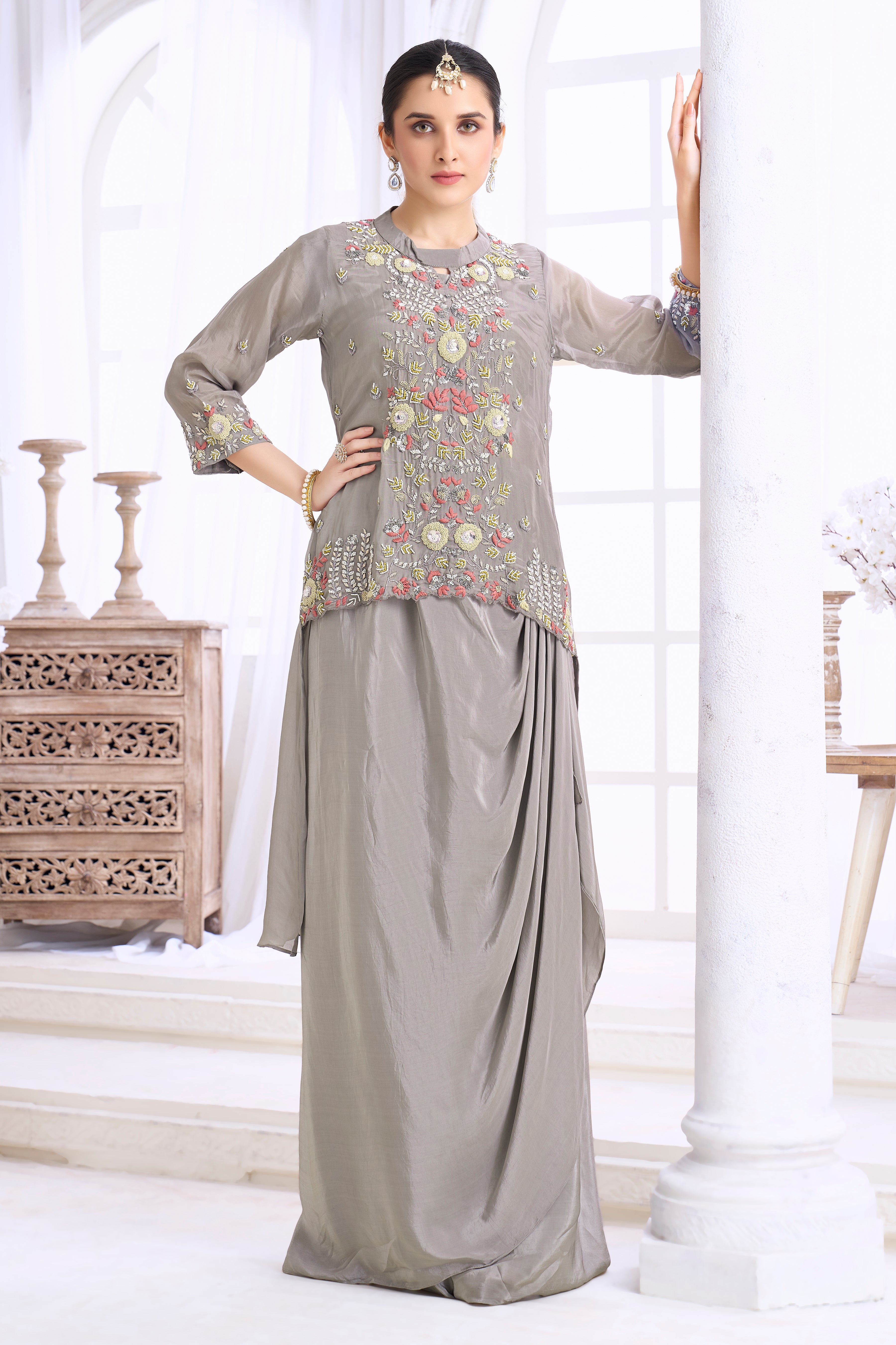 Stone Grey Embellished Crepe Silk Skirt Set