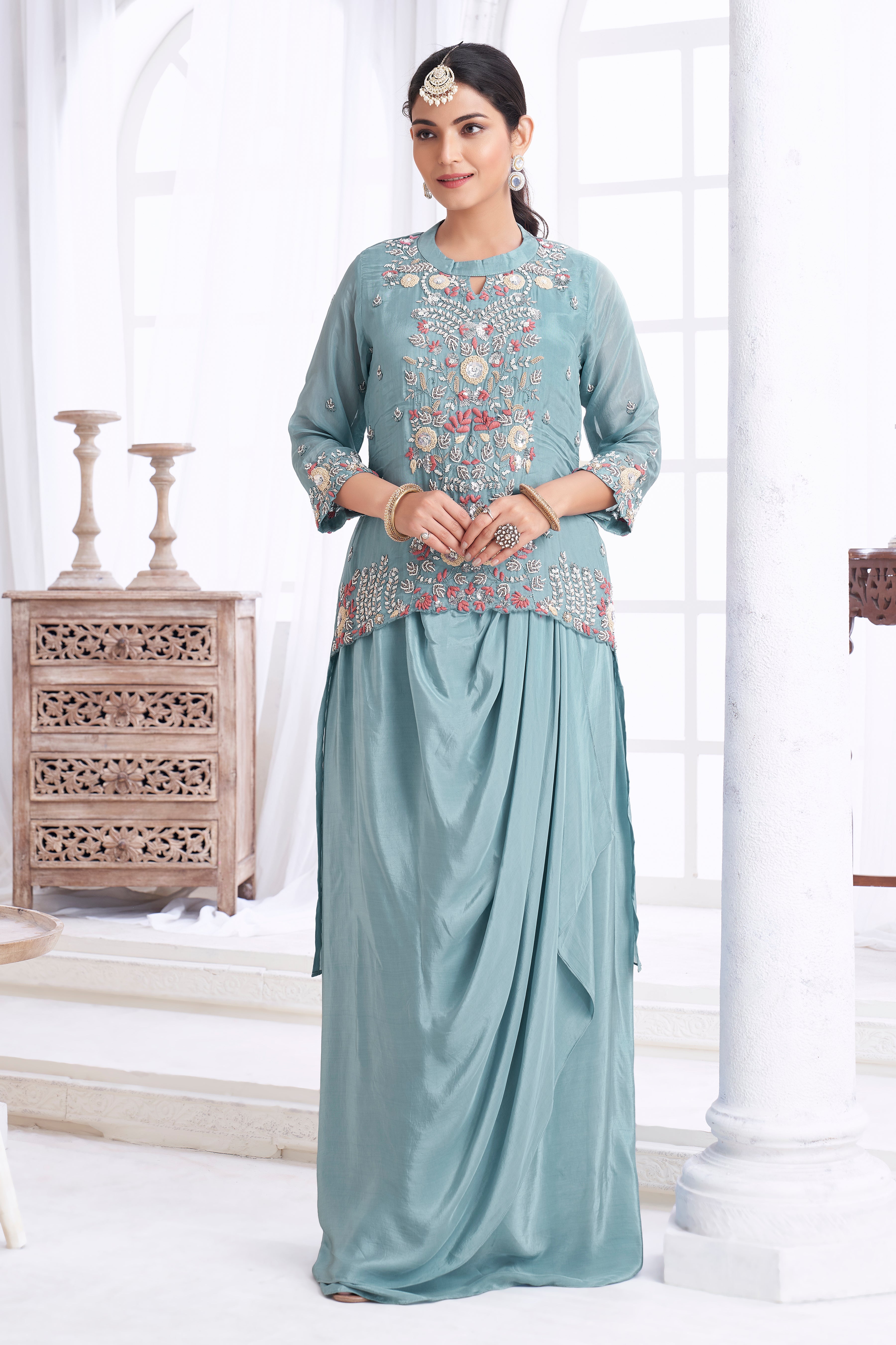 Dusty Blue Embellished Crepe Silk Skirt Set