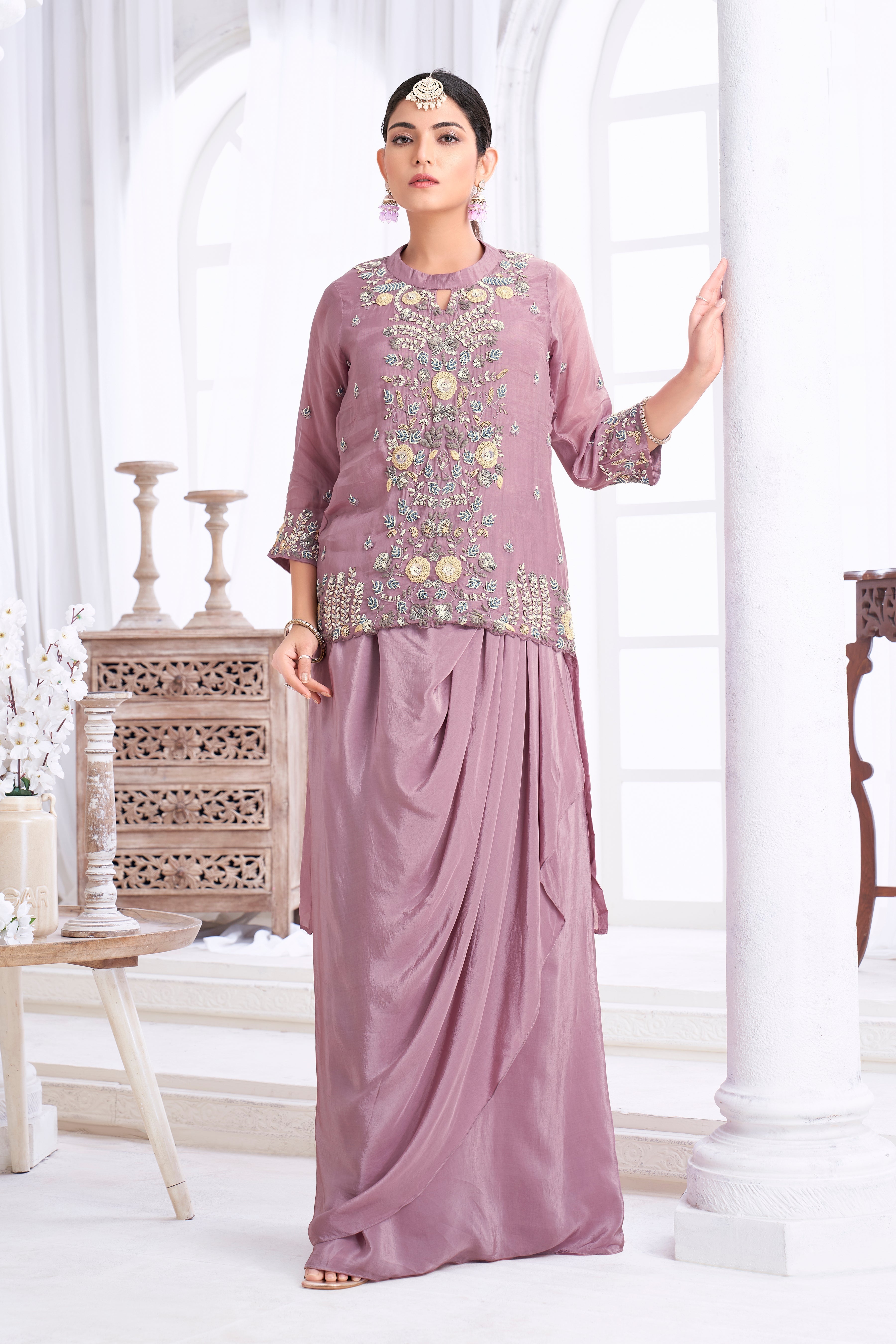 Smoky Lilac Embellished Crepe Silk Skirt Set