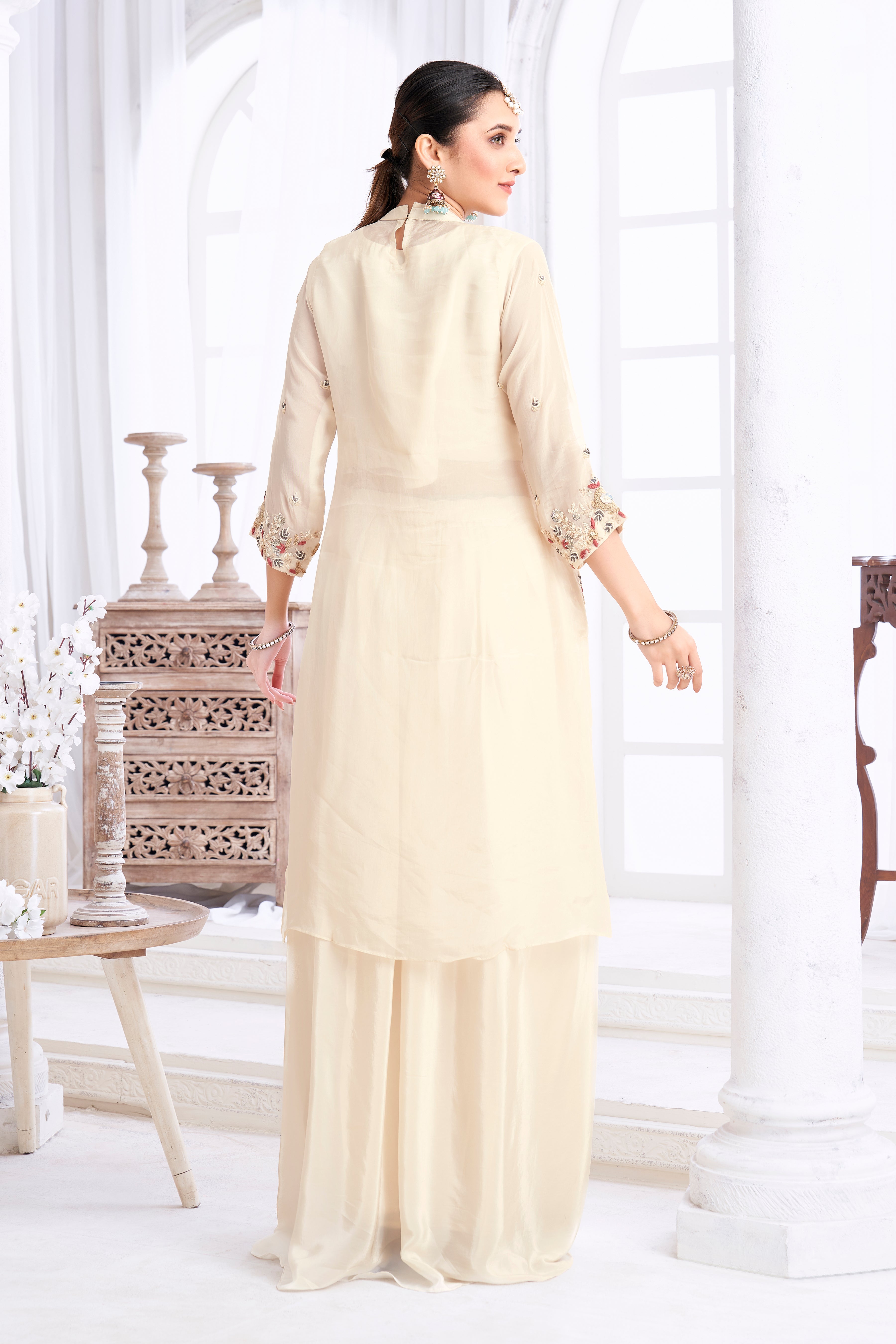 Cream White Embellished Crepe Silk Skirt Set