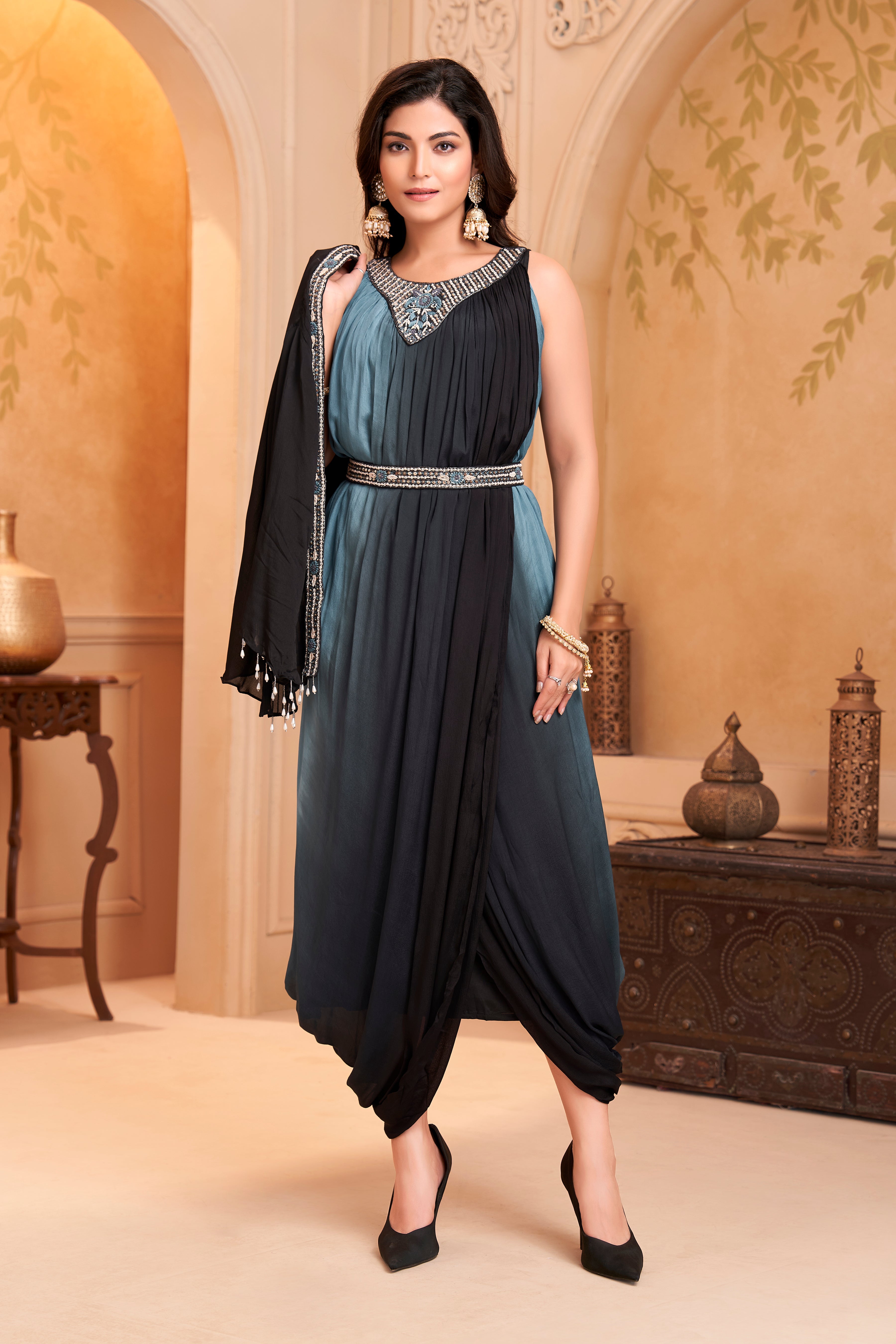 Slate Blue Embellished Chinon Silk Drape Dress