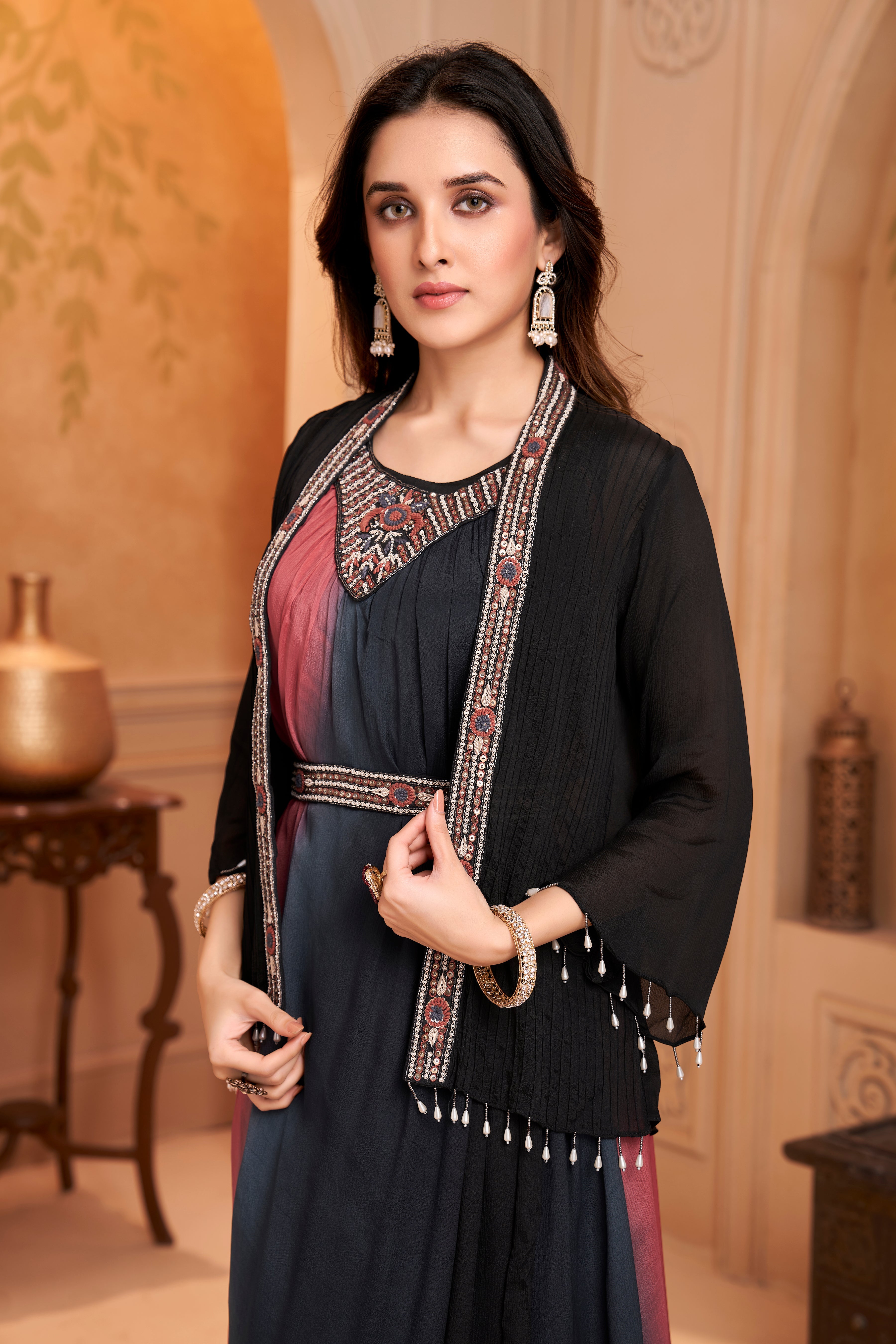 Dusty Wine Embellished Chinon Silk Drape Dress