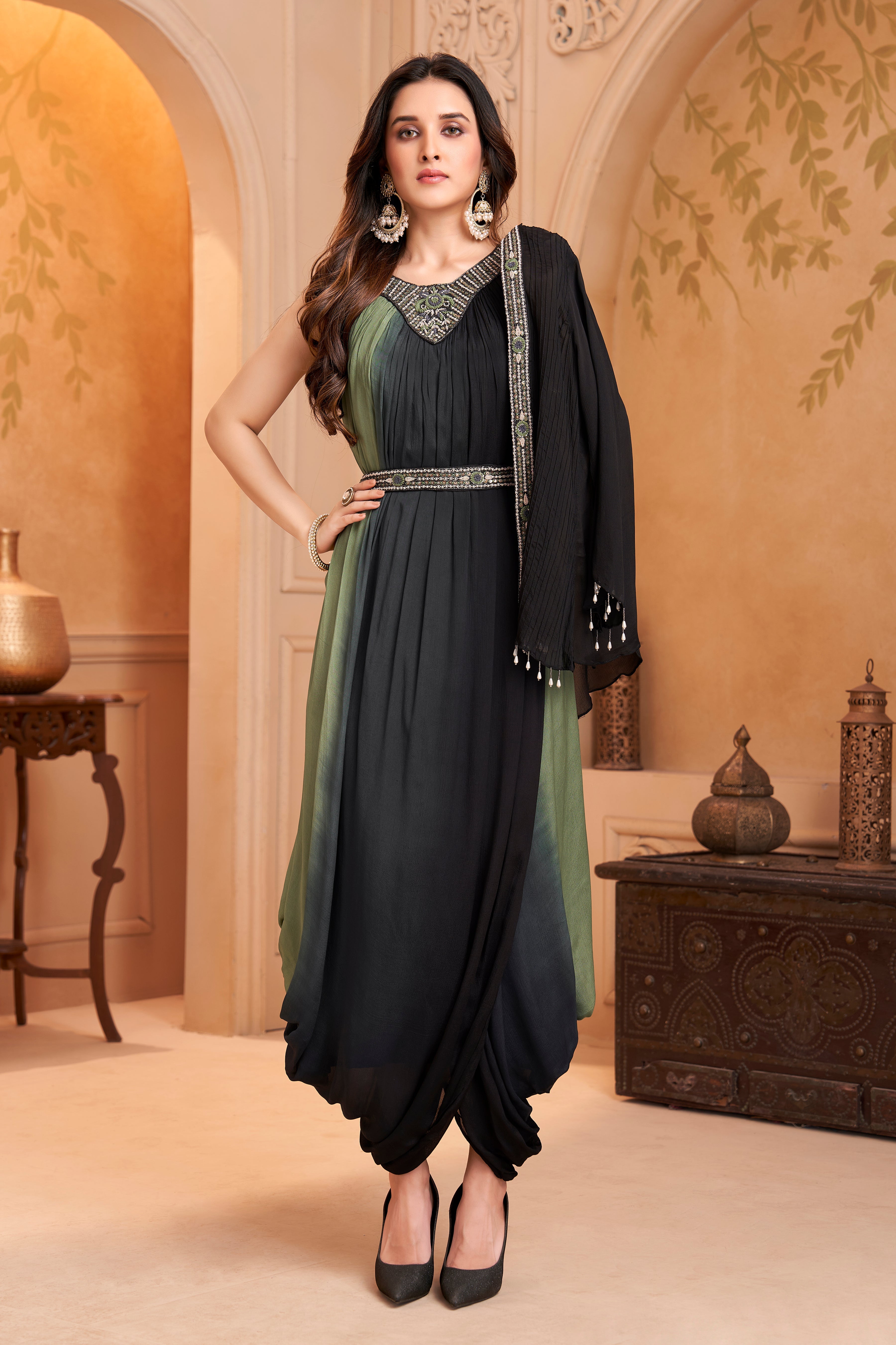 Moss Green Embellished Chinon Silk Drape Dress