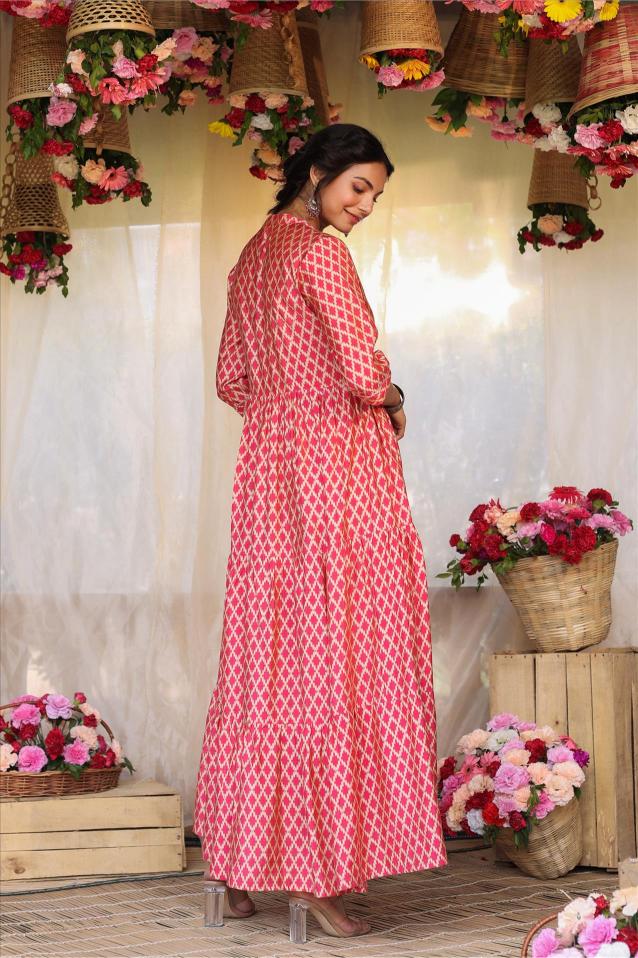 Pink Chevron Printed Modal Silk Kurta Dress