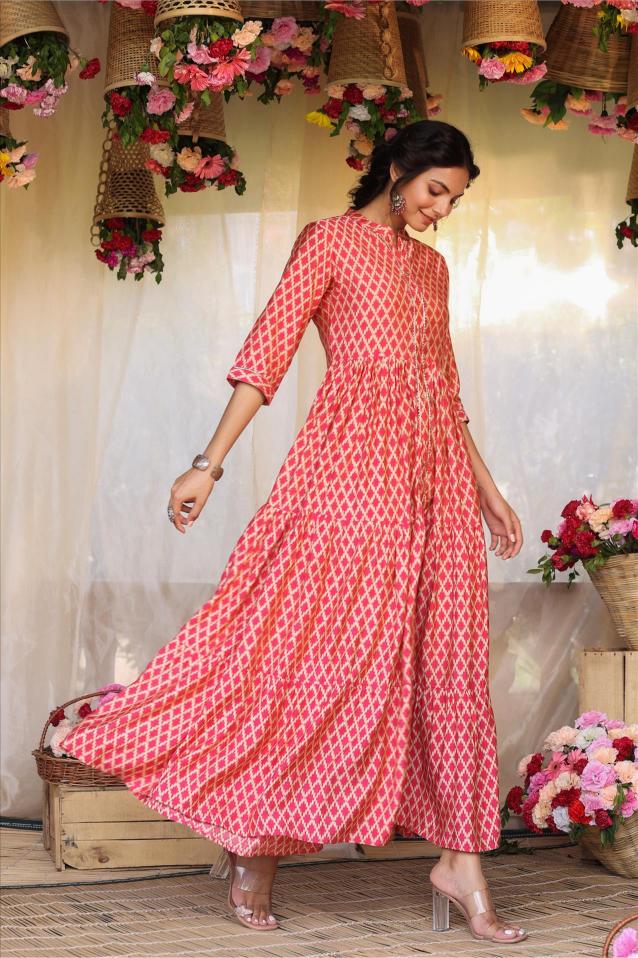 Pink Chevron Printed Modal Silk Kurta Dress