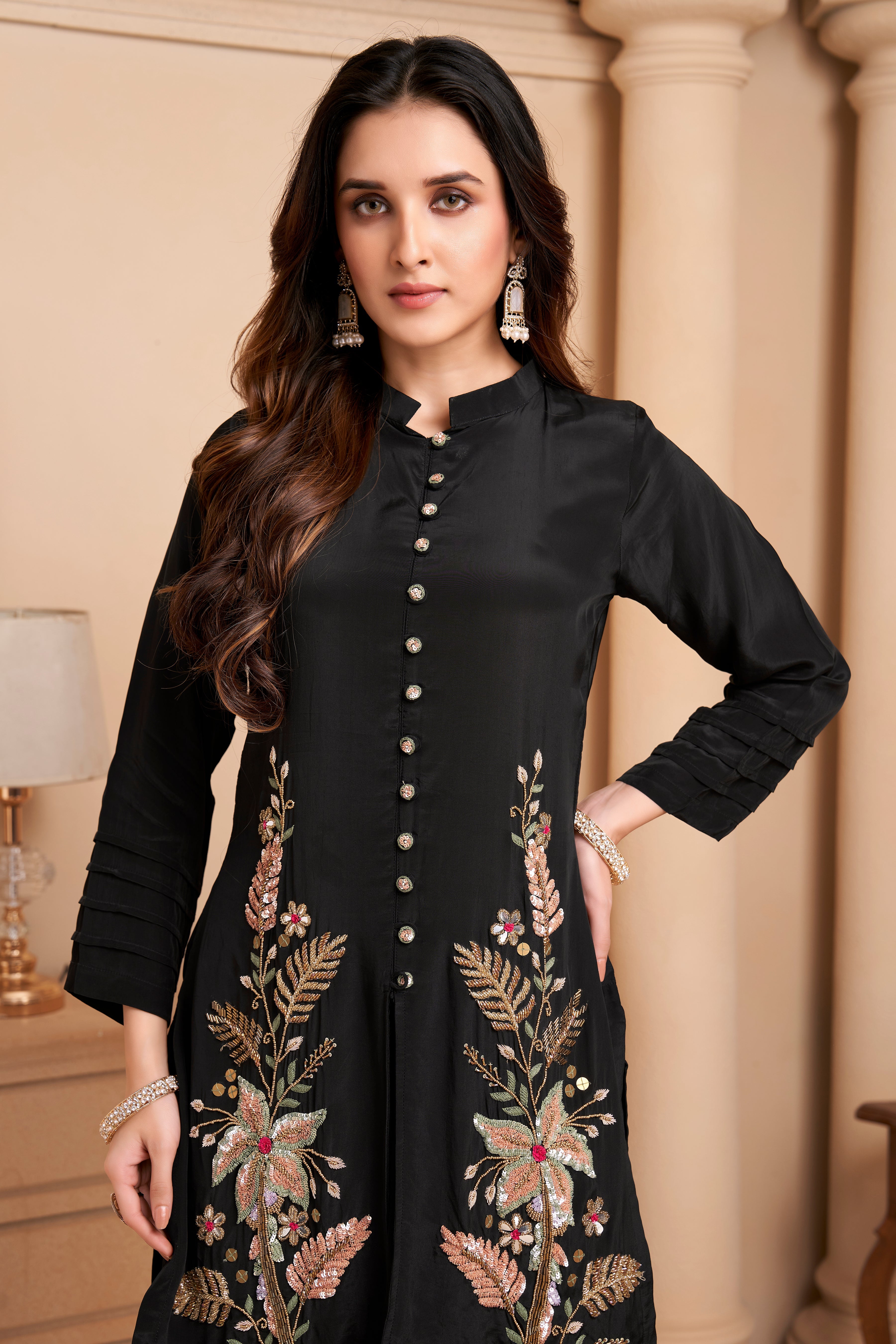 Coal Black Embellished Crepe Silk Palazzo Set