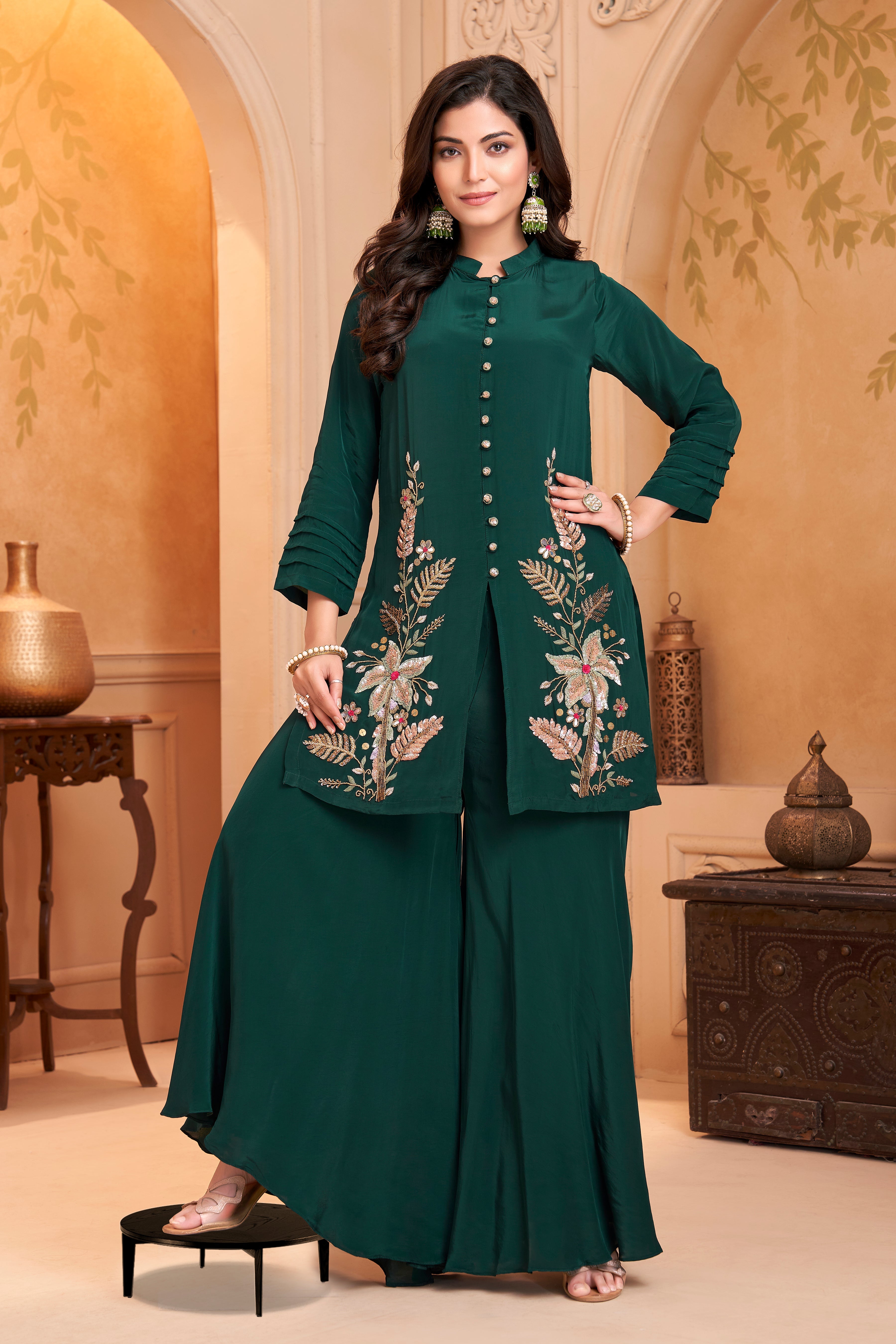 Forest Green Embellished Crepe Silk Palazzo Set