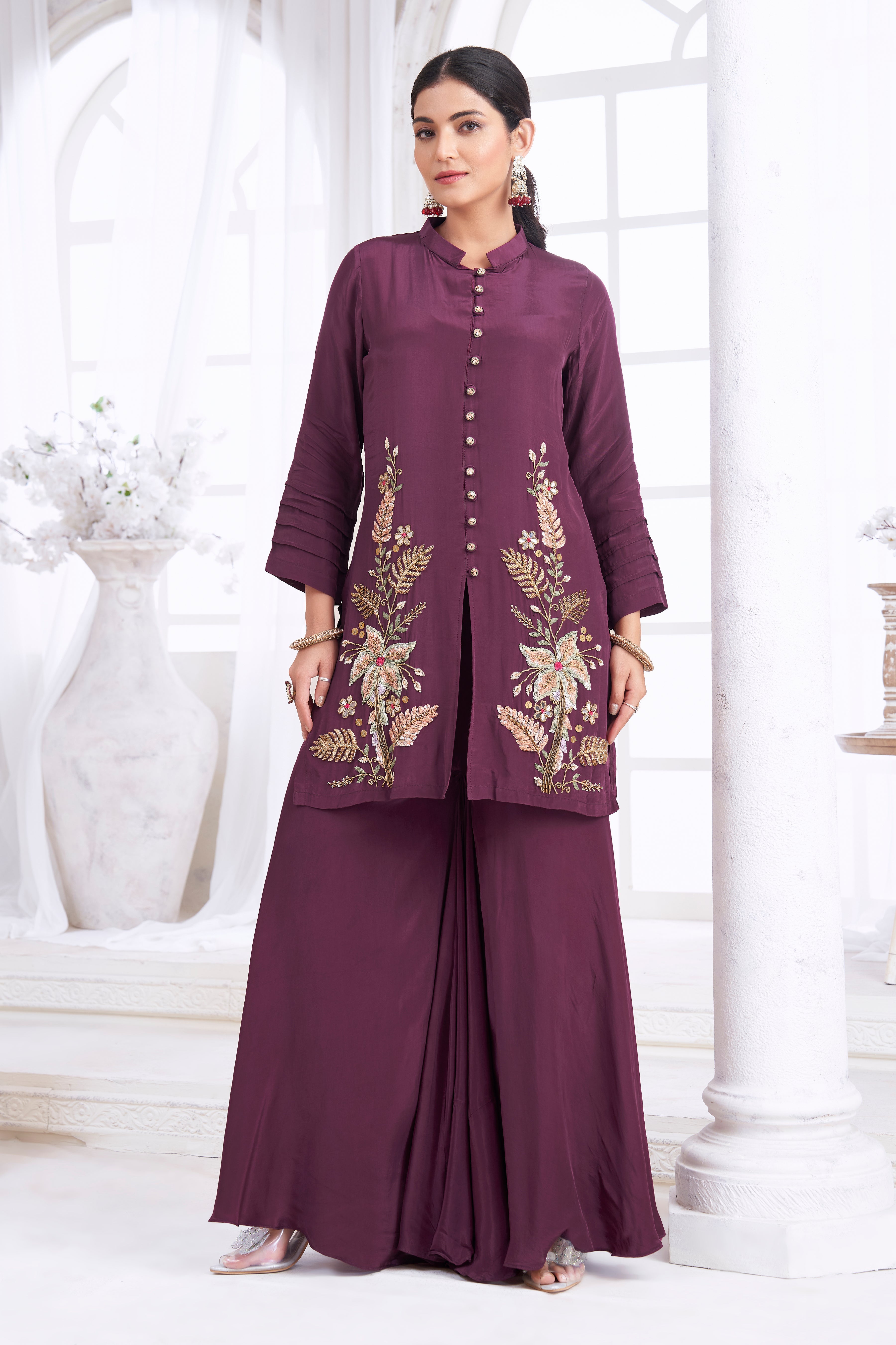 Deep Wine Embellished Crepe Silk Palazzo Set