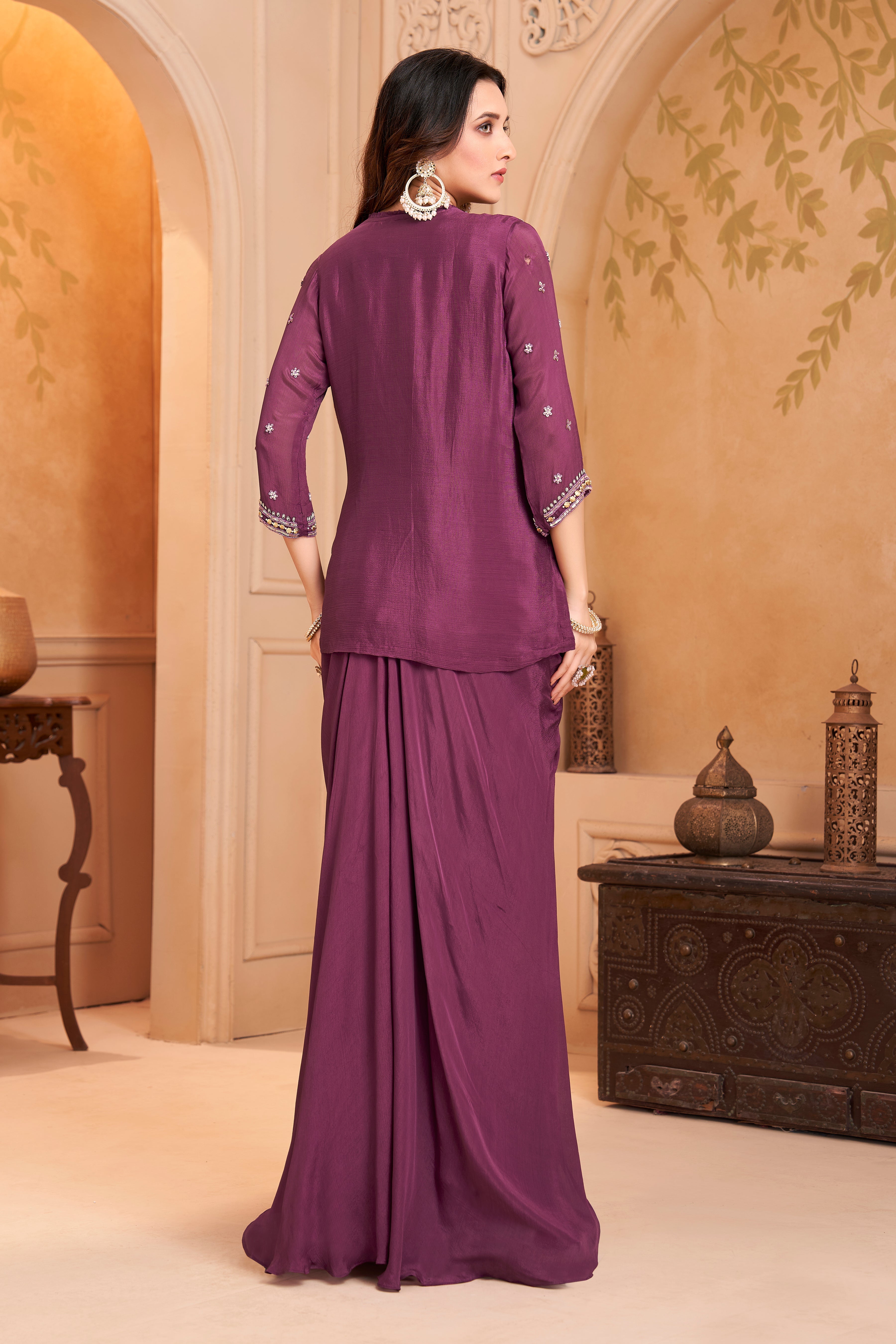 Deep Purple Embellished Chinon Silk Skirt Set