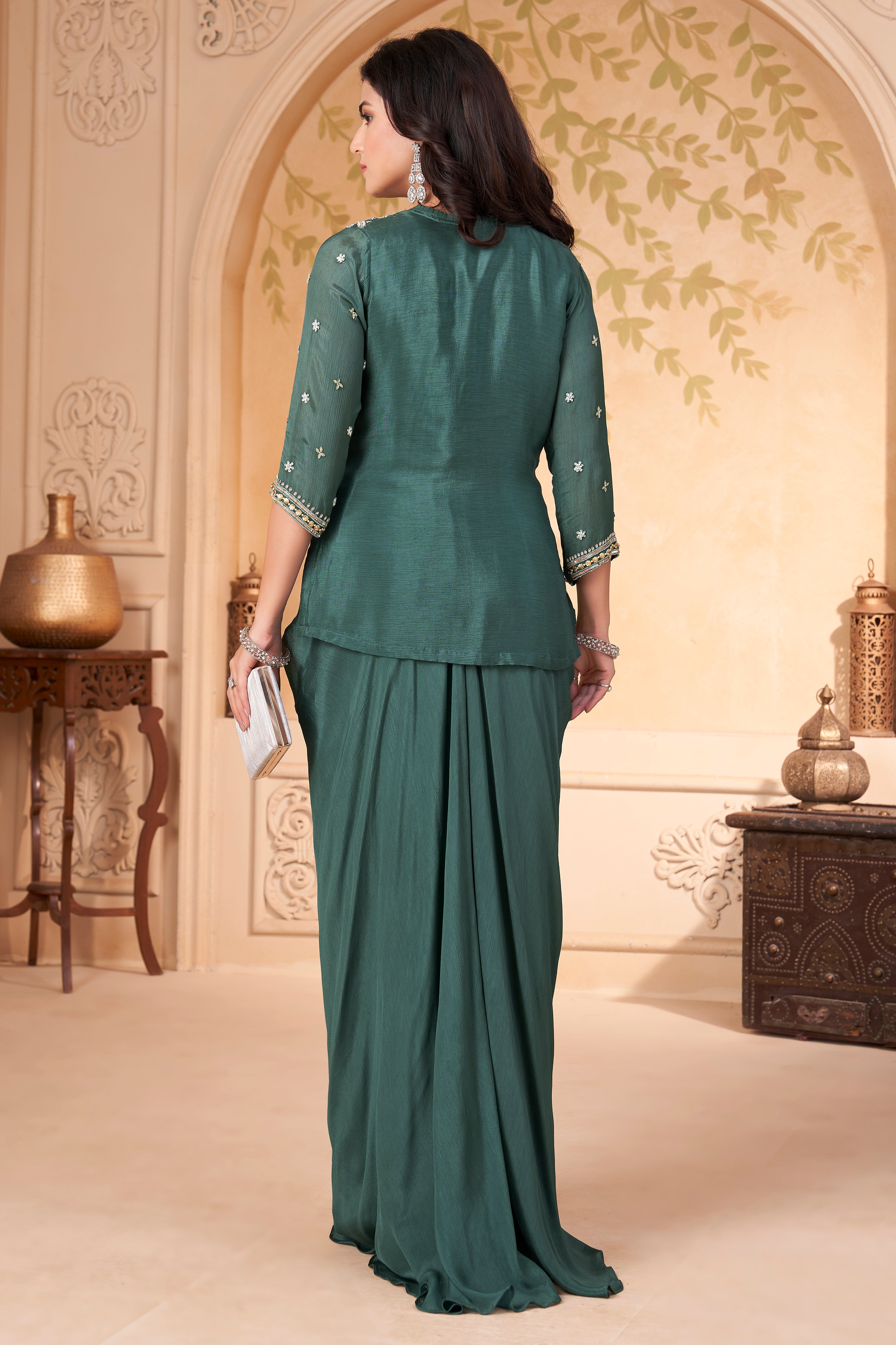Pine Green Embellished Chinon Silk Skirt Set