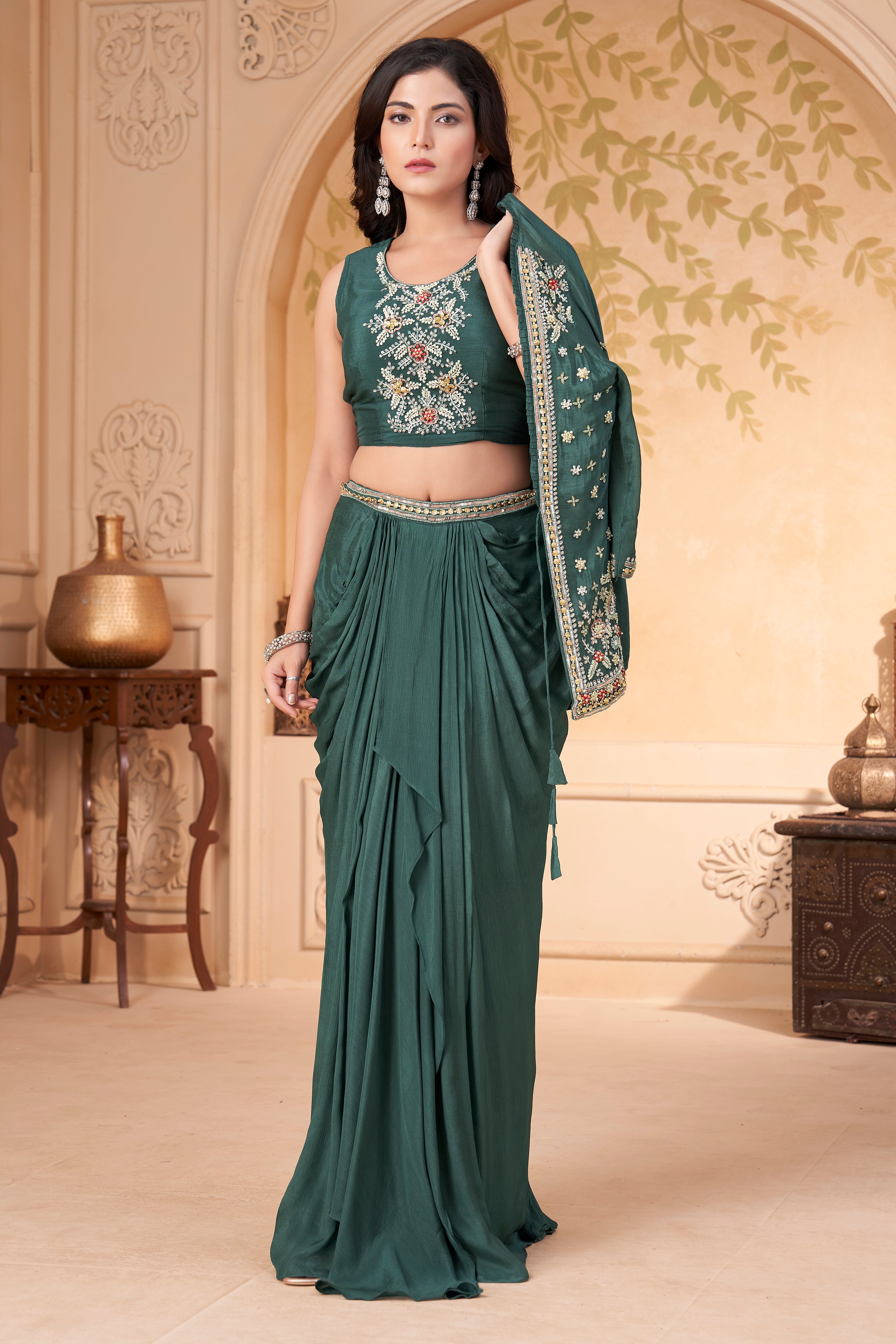 Pine Green Embellished Chinon Silk Skirt Set