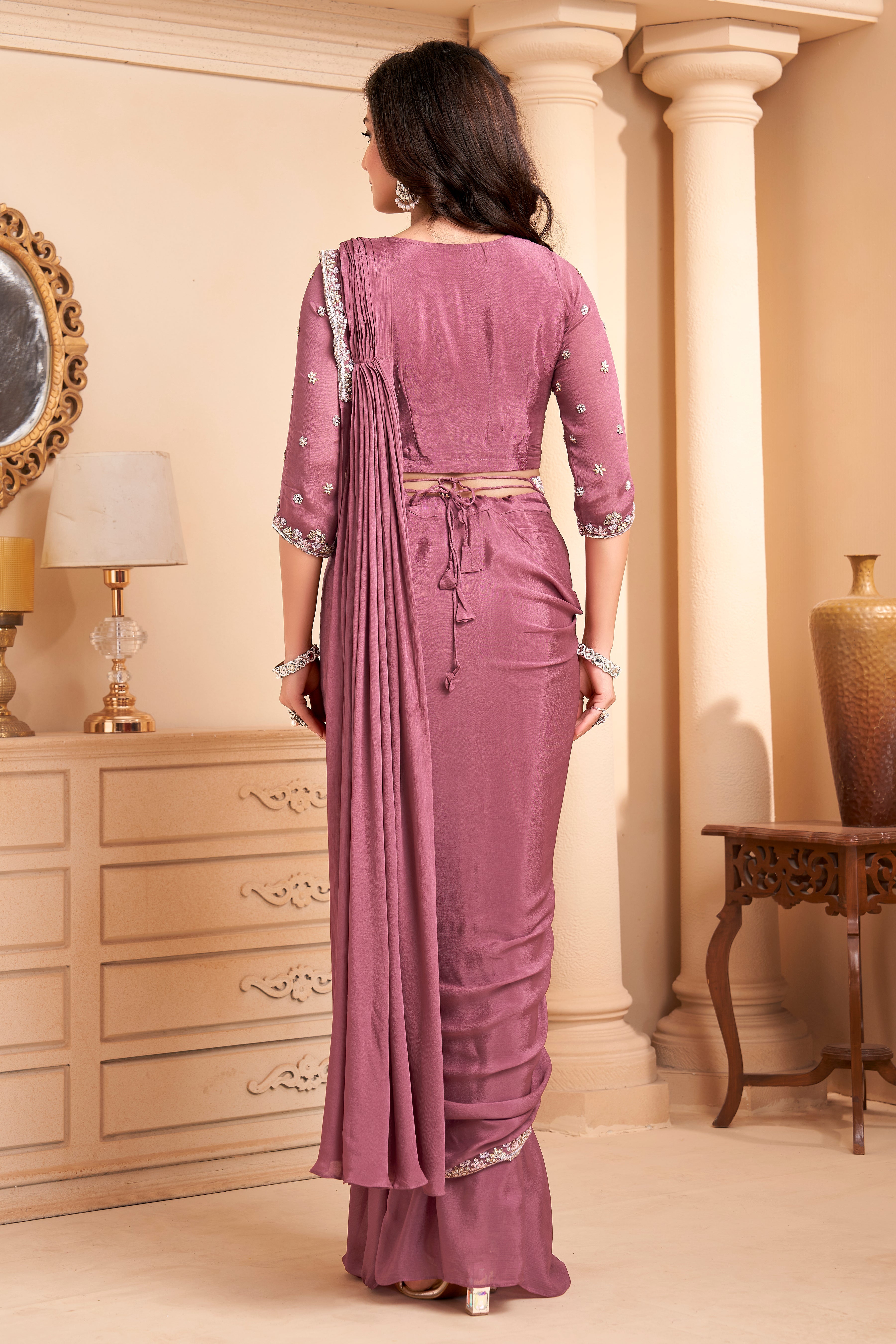 Dusty Rose Embellished  Crepe Silk Drape Saree