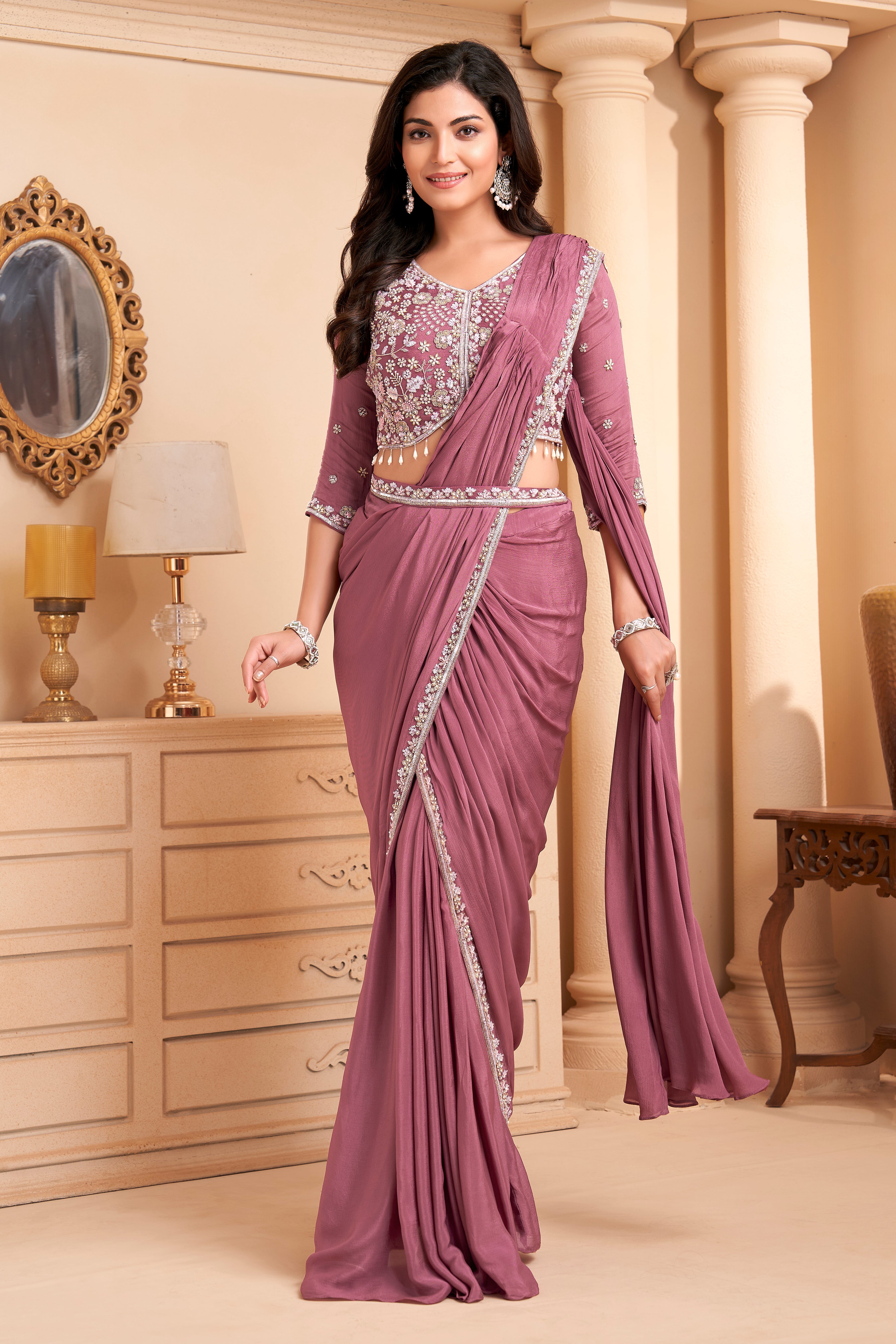 Dusty Rose Embellished  Crepe Silk Drape Saree