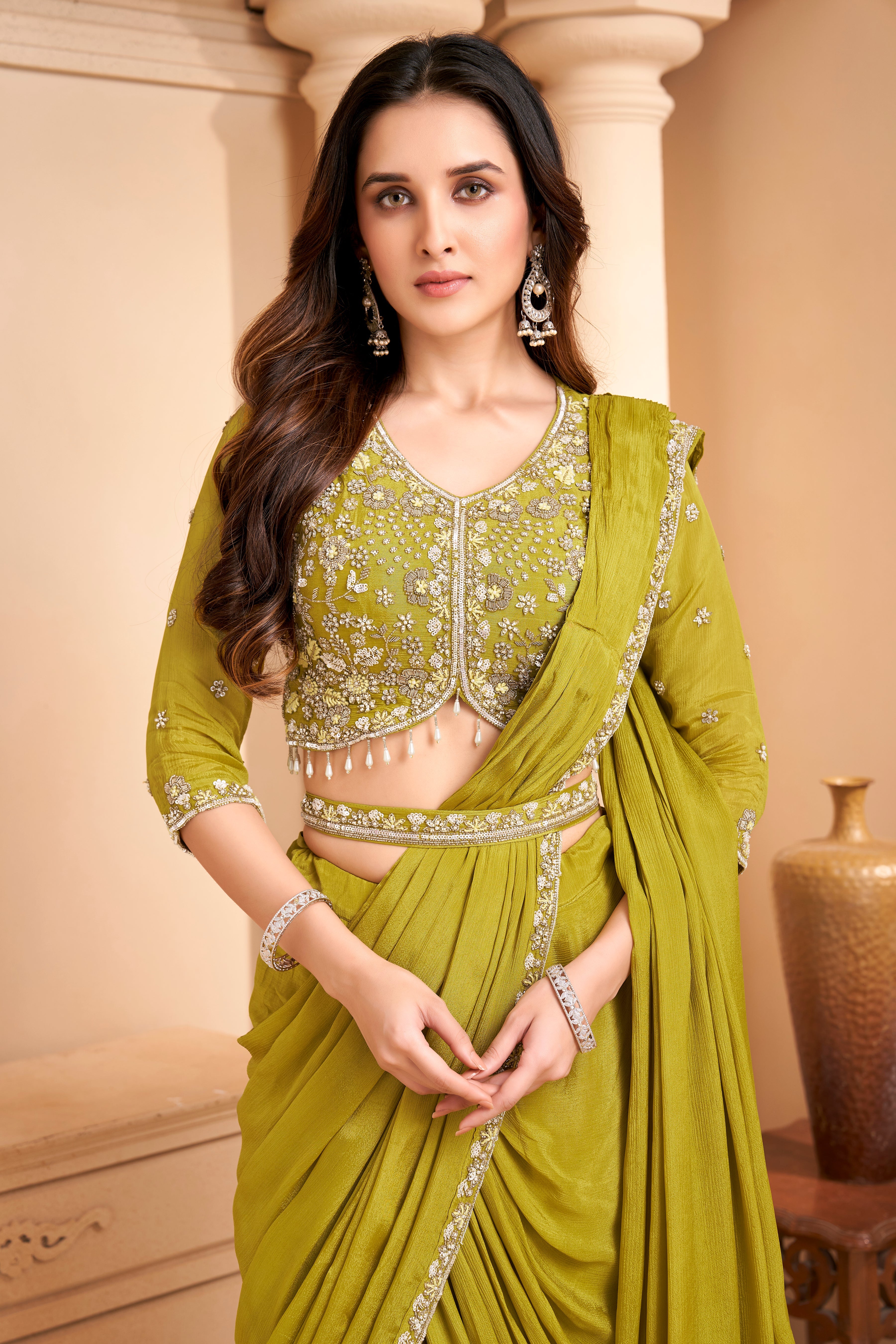 Mustard Green Embellished  Crepe Silk Drape Saree