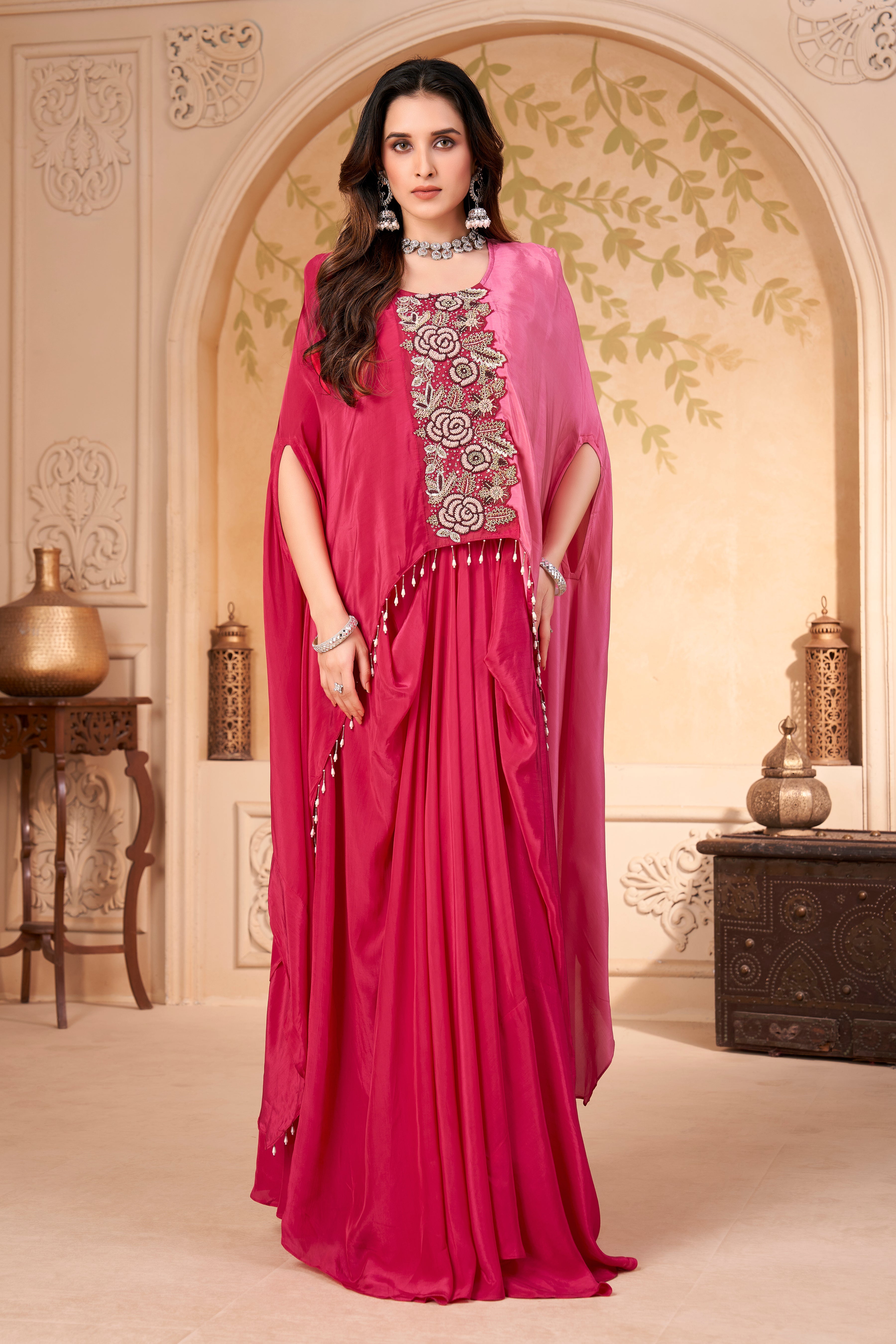 Cerise Embellished Crepe Silk Kaftan Set