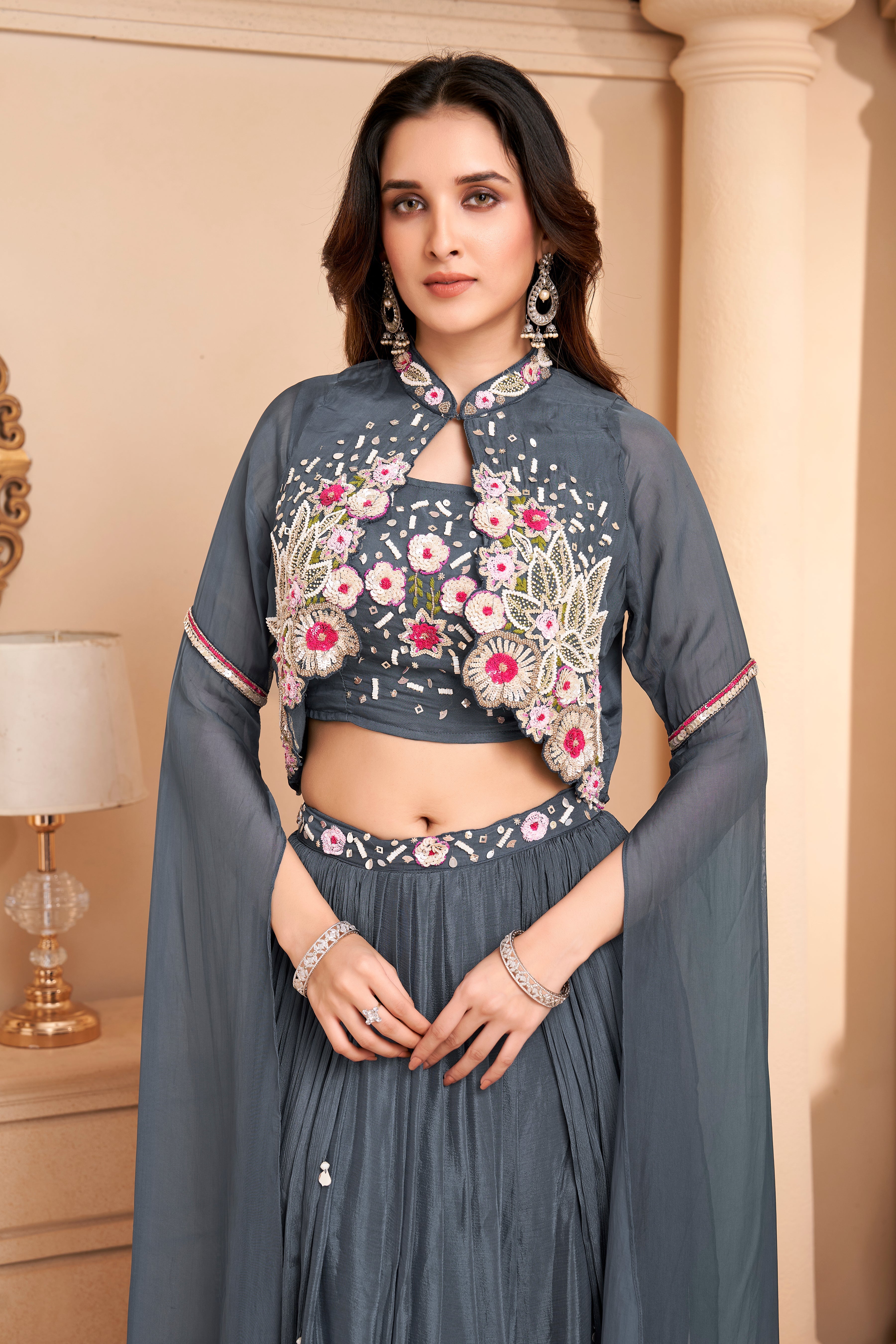 Slate Grey Embellished Crepe Silk Skirt Set